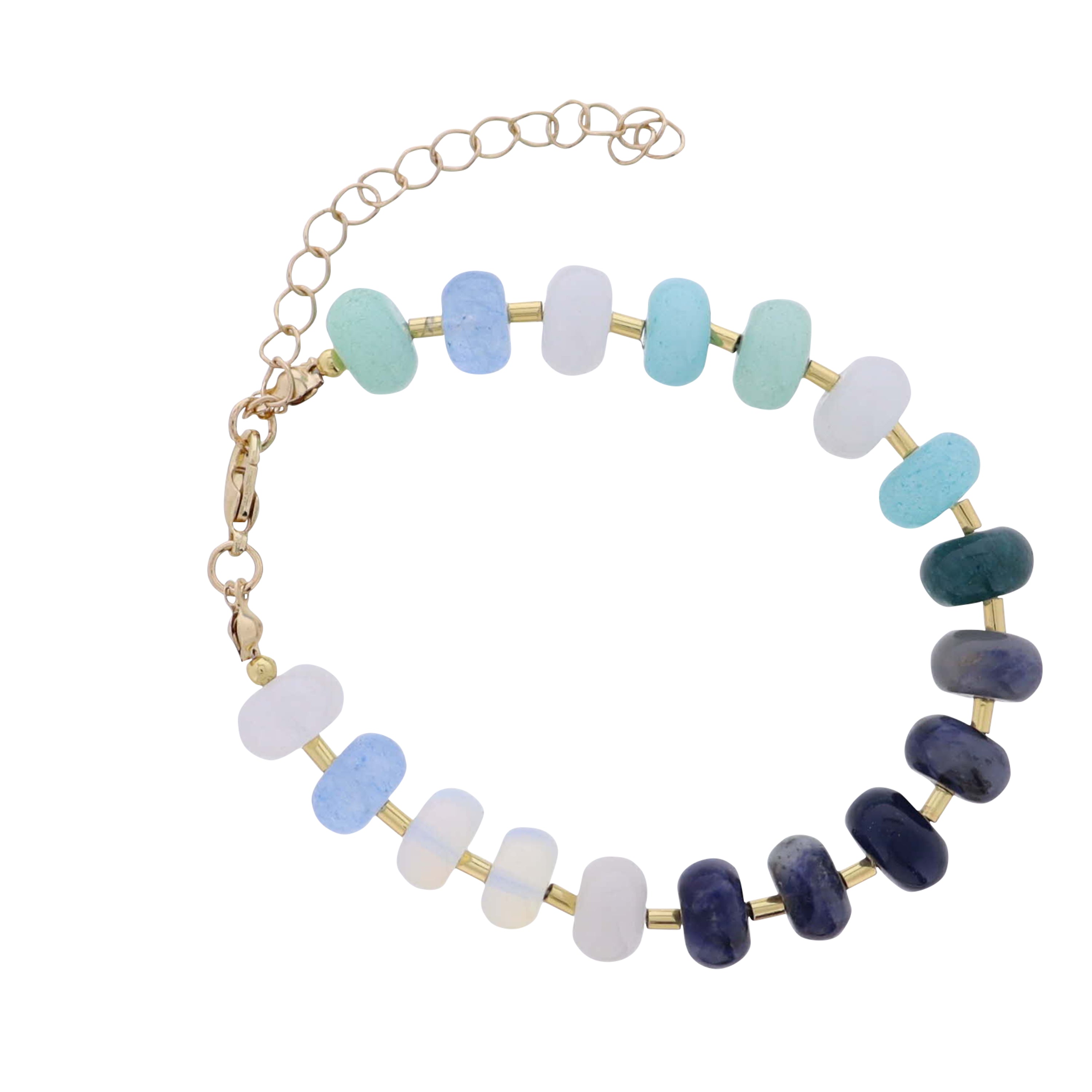 Multi Blue Glass Rondelle Beaded Lobster Bracelet with Gold Tube Spacers
