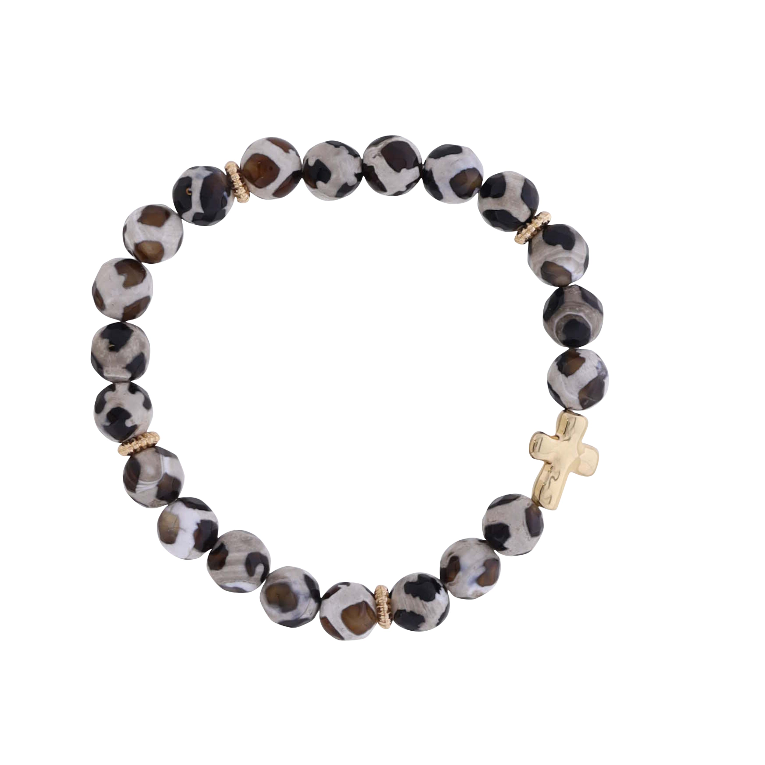 Black, White Semi Precious Beaded Stretch Bracelet with Gold Cross