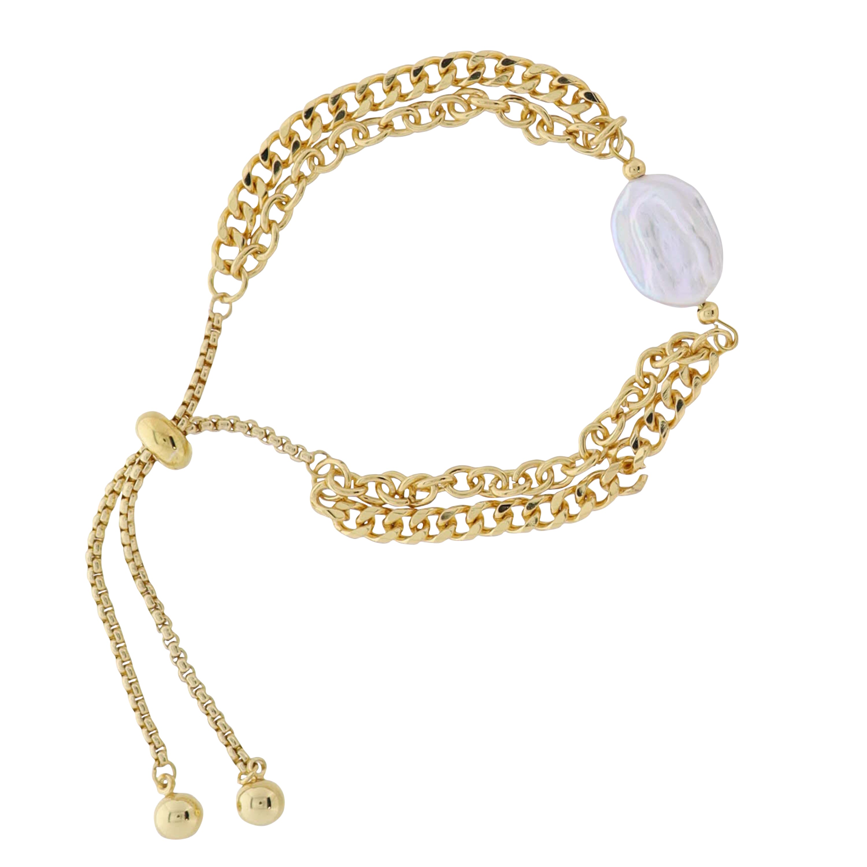 18K Gold Plated O, Pressed Double Chain Bracelet with Pearl