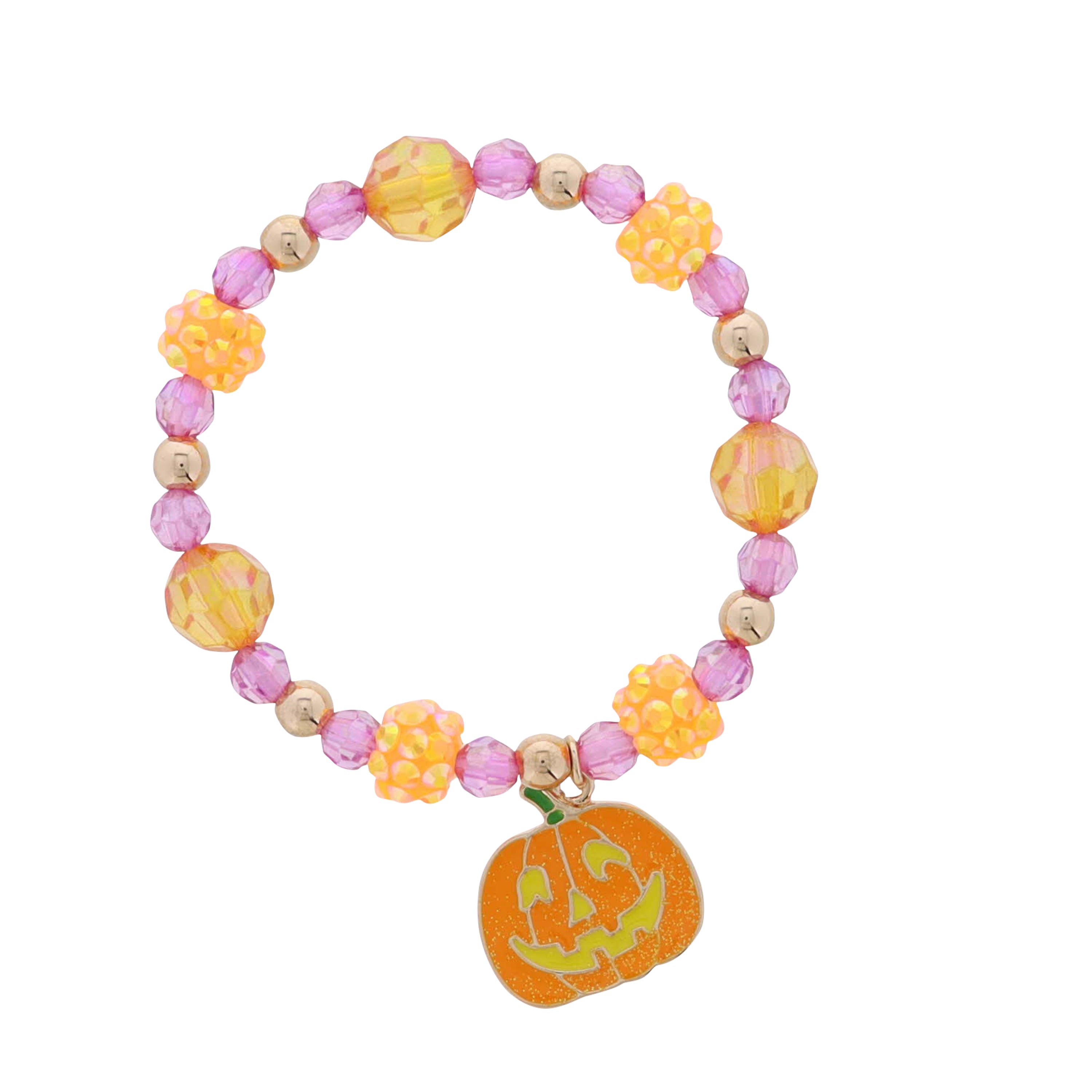 Kids Orange, Pink, Gold Faceted Beaded Stretch Bracelet with Jack O' Lantern