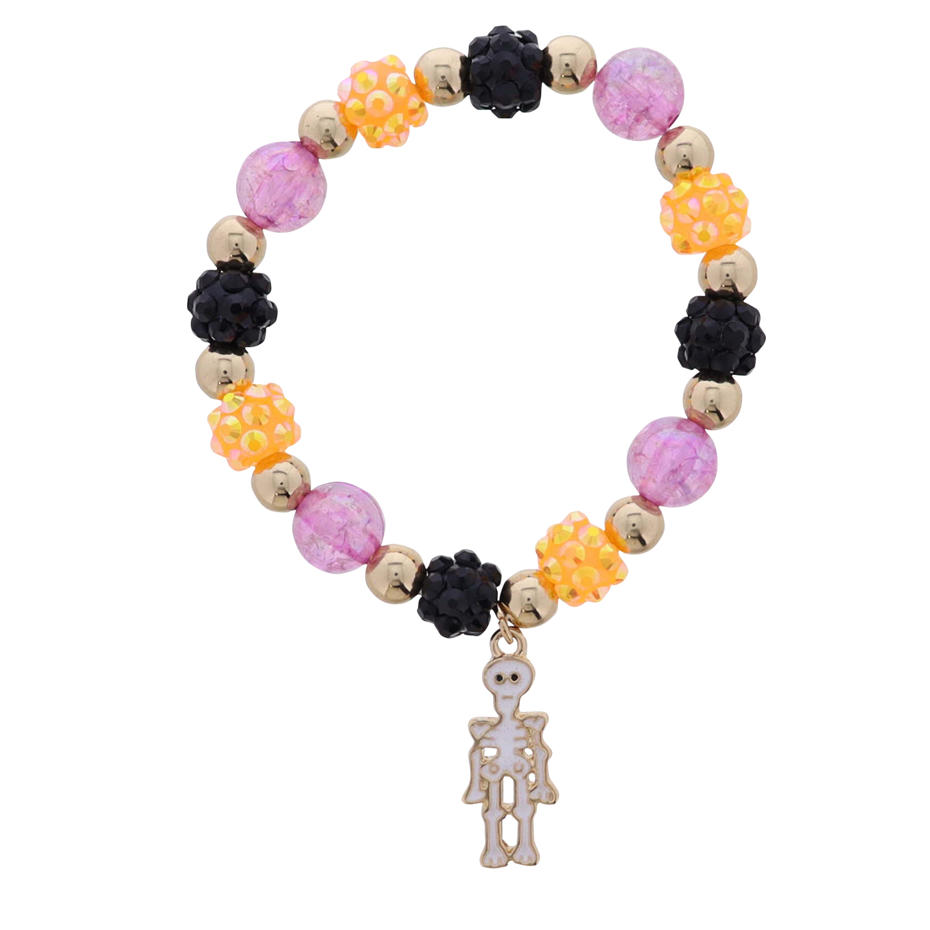Kids Black, Pink, Orange Crystal Disco Beaded Stretch Bracelet with Skeleton