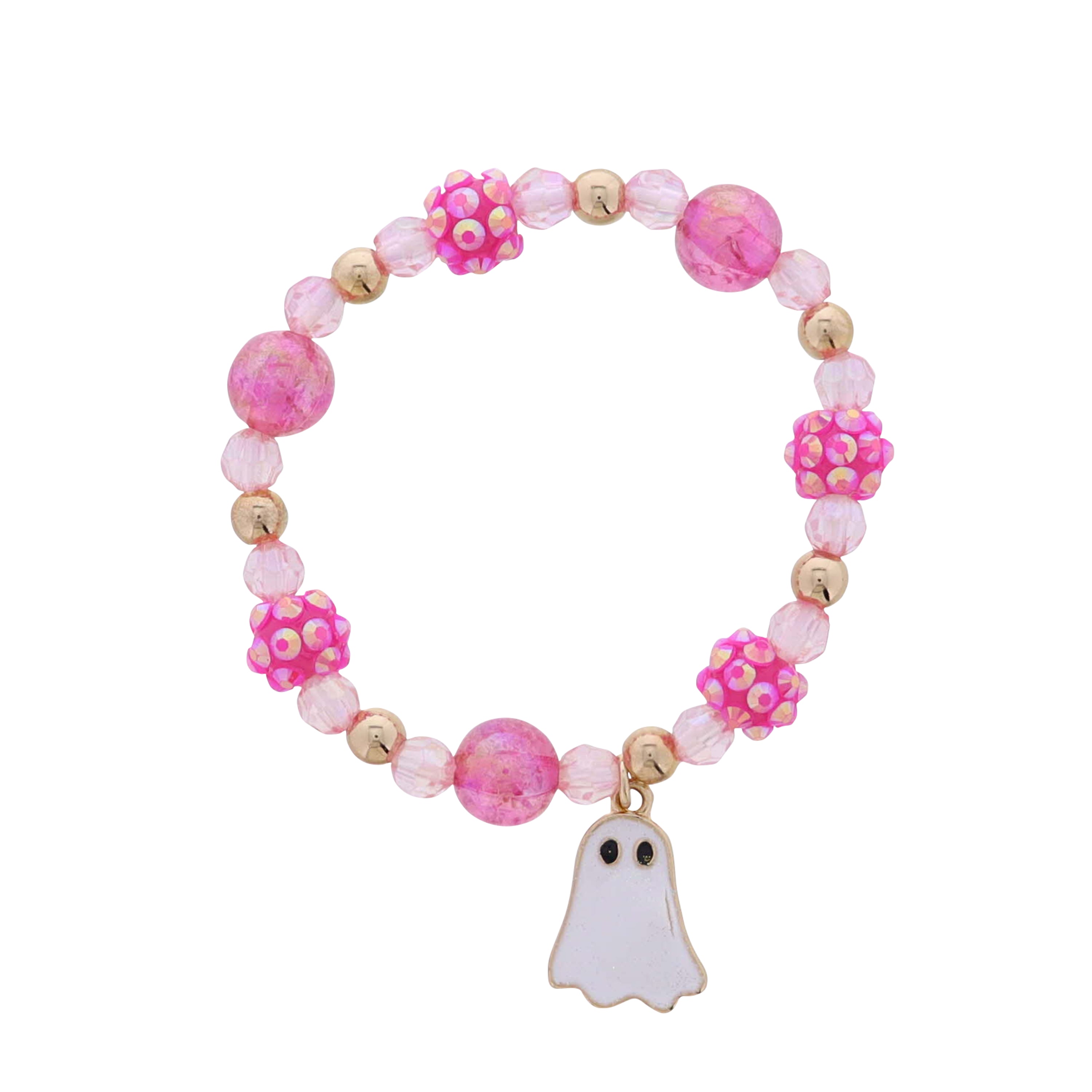 Kids Pink, Light Pink, Gold Crystal Disco Beaded Stretch Bracelet with Ghost