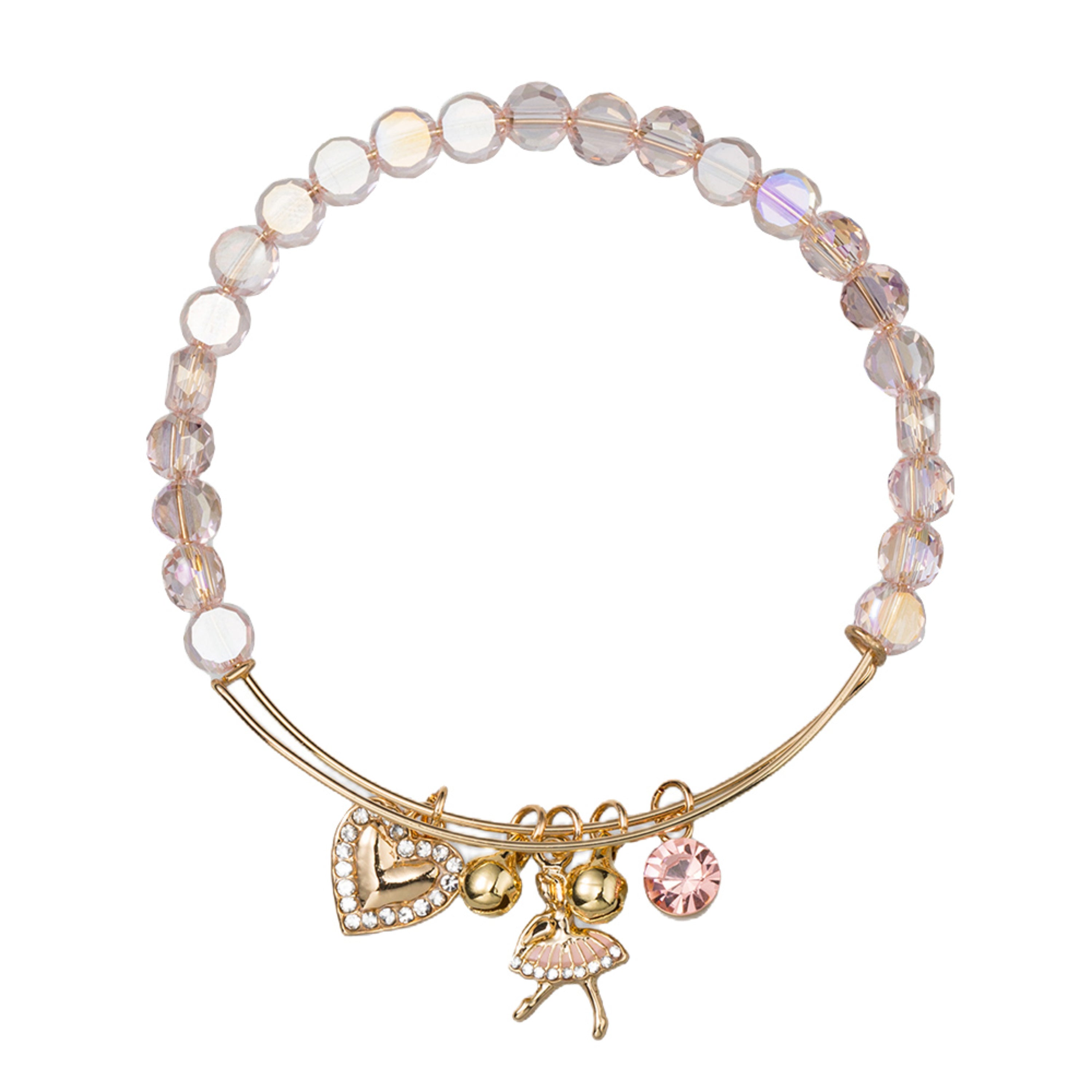 Kids Pink Faceted Beaded Bracelet with Heart, Ballerina, Pink Crystal
