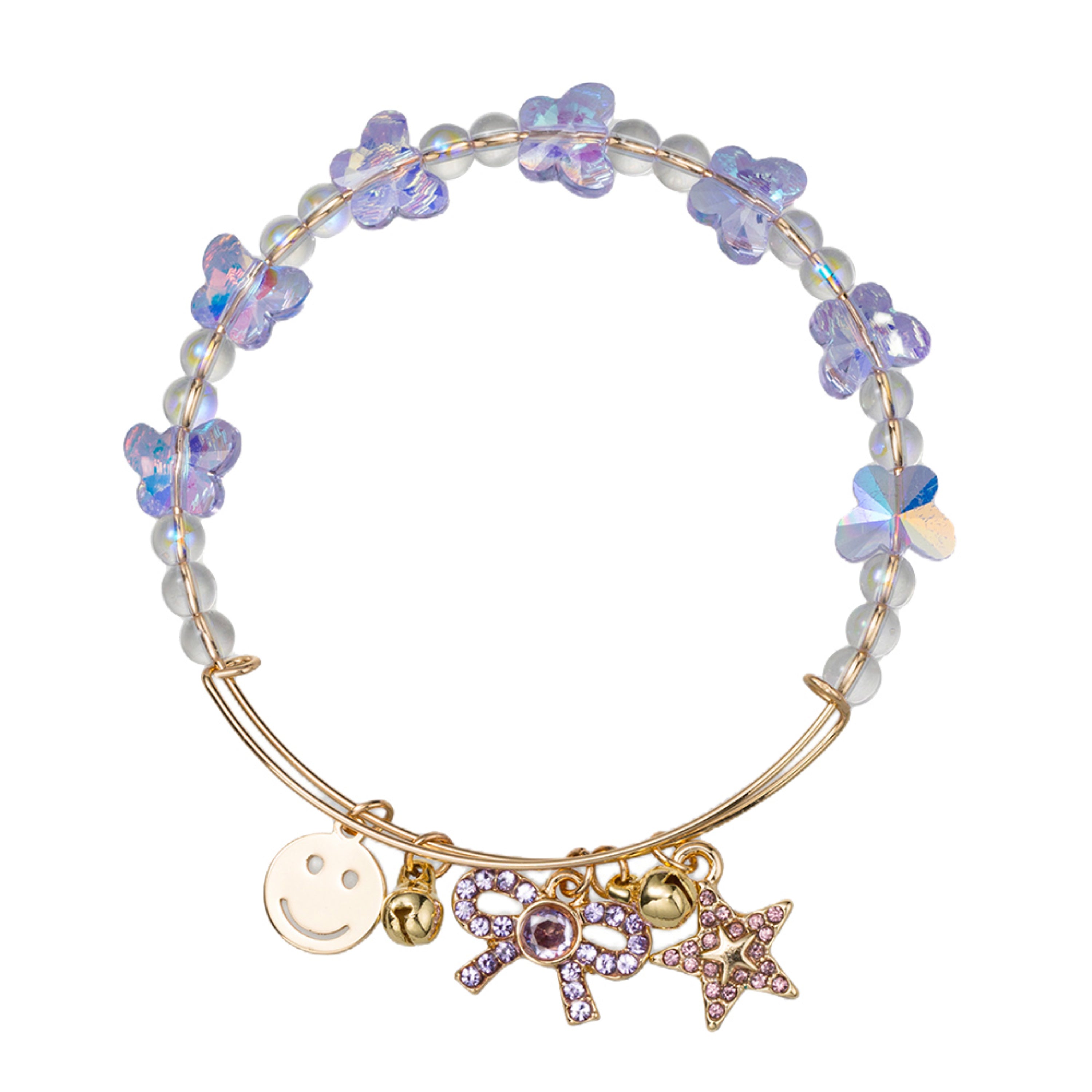 Kids Lavender, Clear Butterfly, Round Beaded Bracelet with Happy Face, Bow, Star