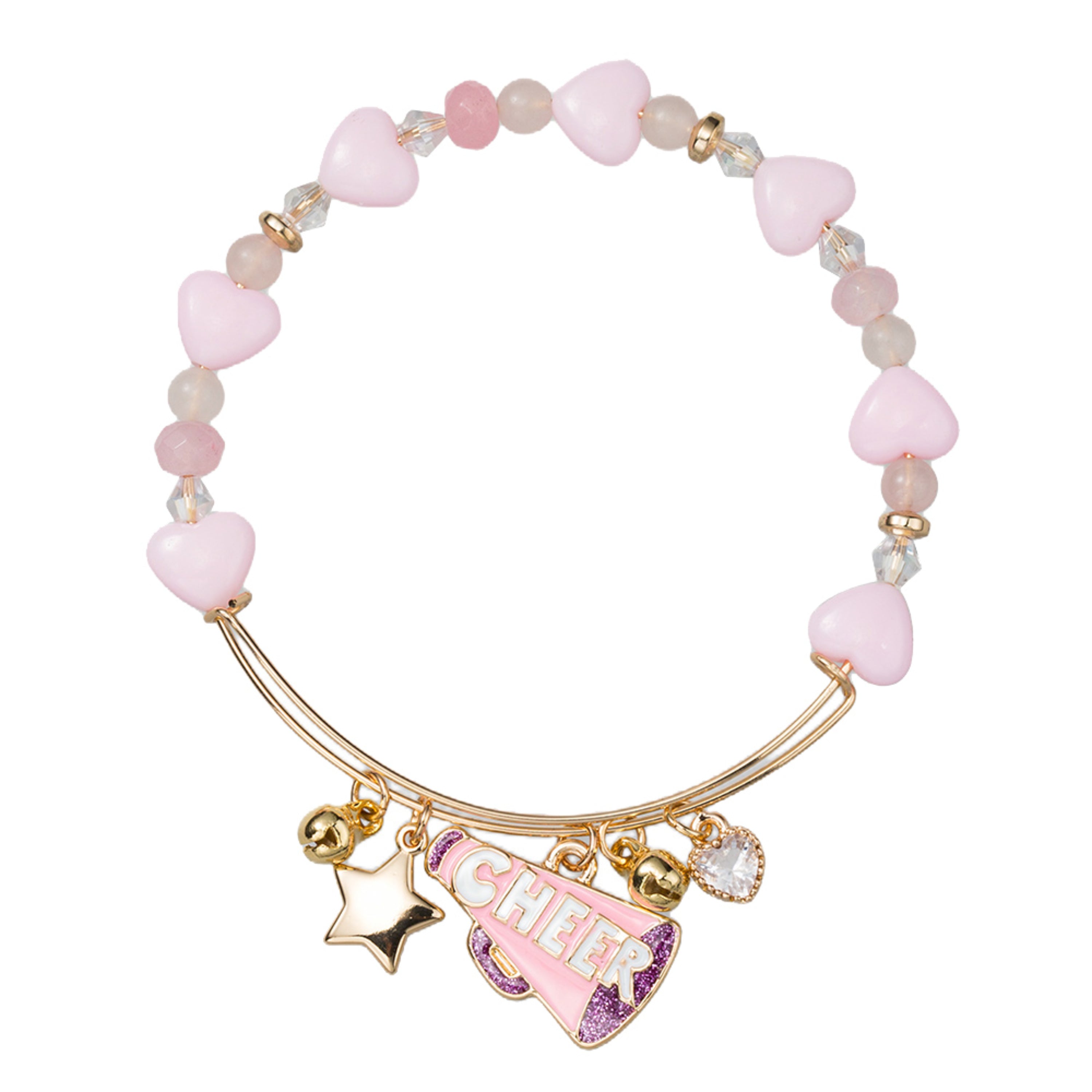 Kids Pink Heart, Round Beaded Bracelet with "Cheer" Megaphone, Star, Crystal Heart