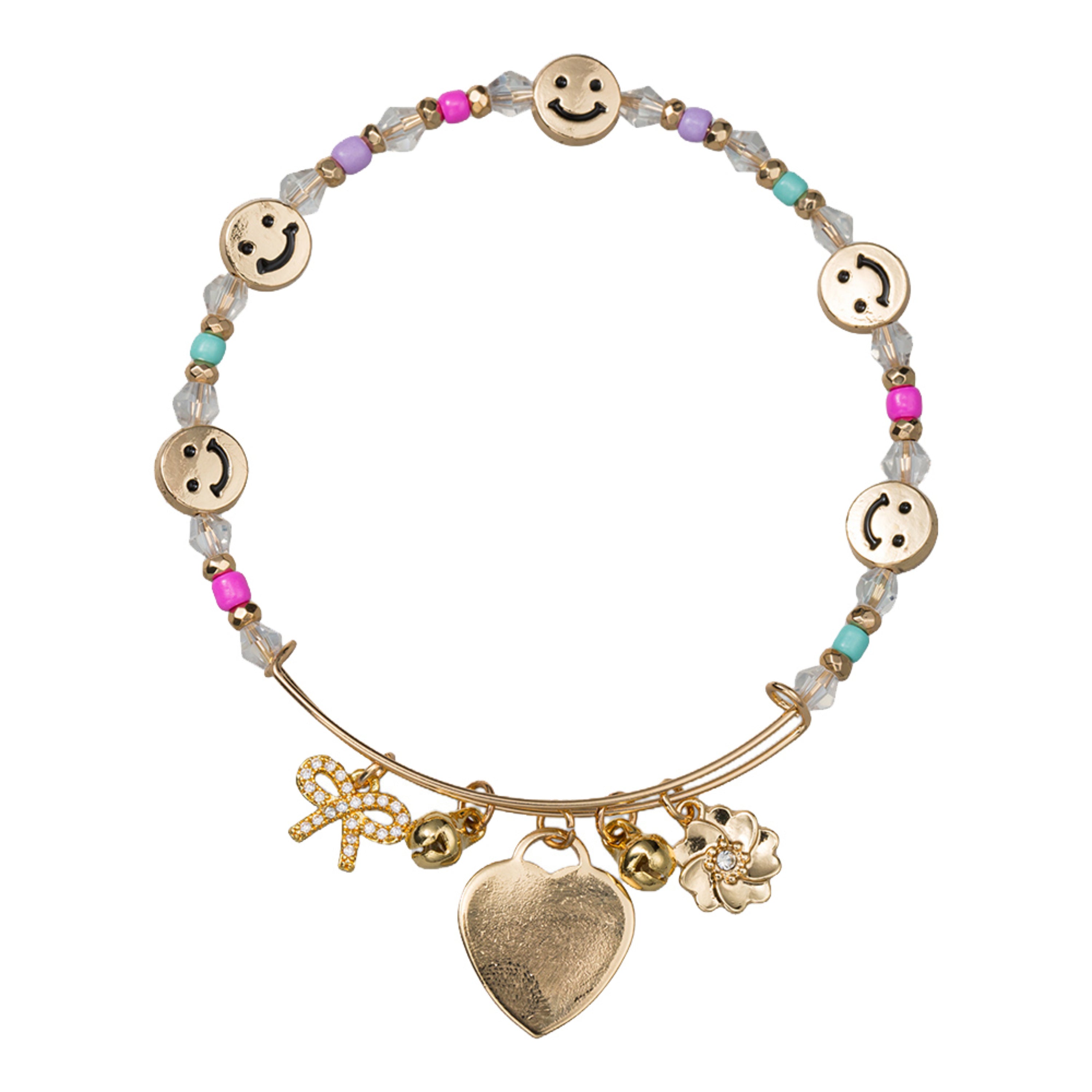 Kids Tq, Purple, Pink Happy Face, Seed Bead, Faceted Beaded Bracelet with Bow, Gold Heart, Flower