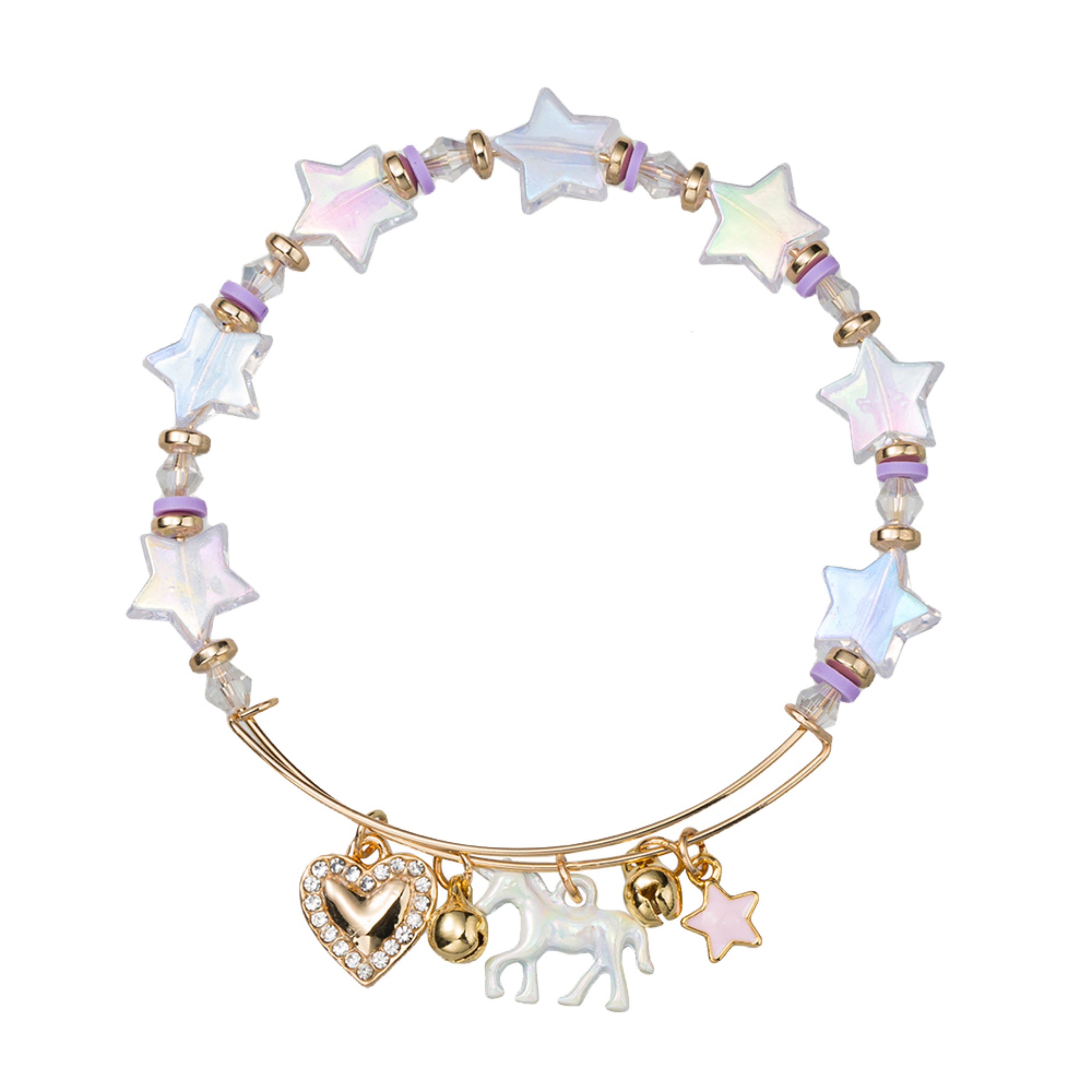 Kids AB Clear Star, Faceted Beaded Bracelet with Unicorn, Heart, Pink Star