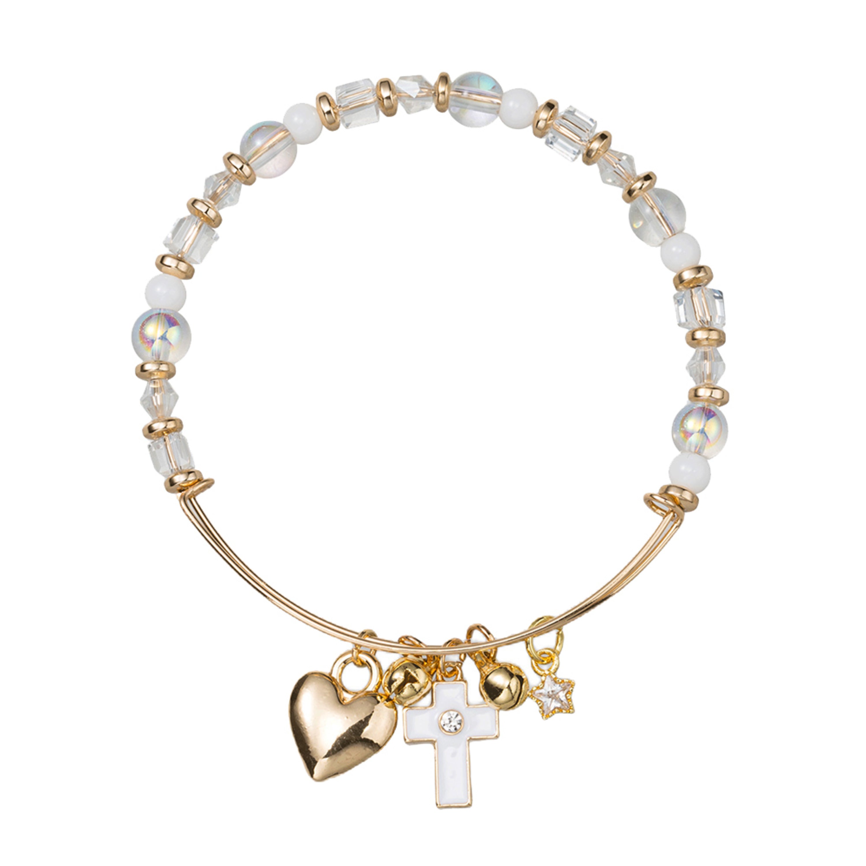 Kids Clear, White Round, Faceted Beaded Bracelet with White Cross, Gold Heart