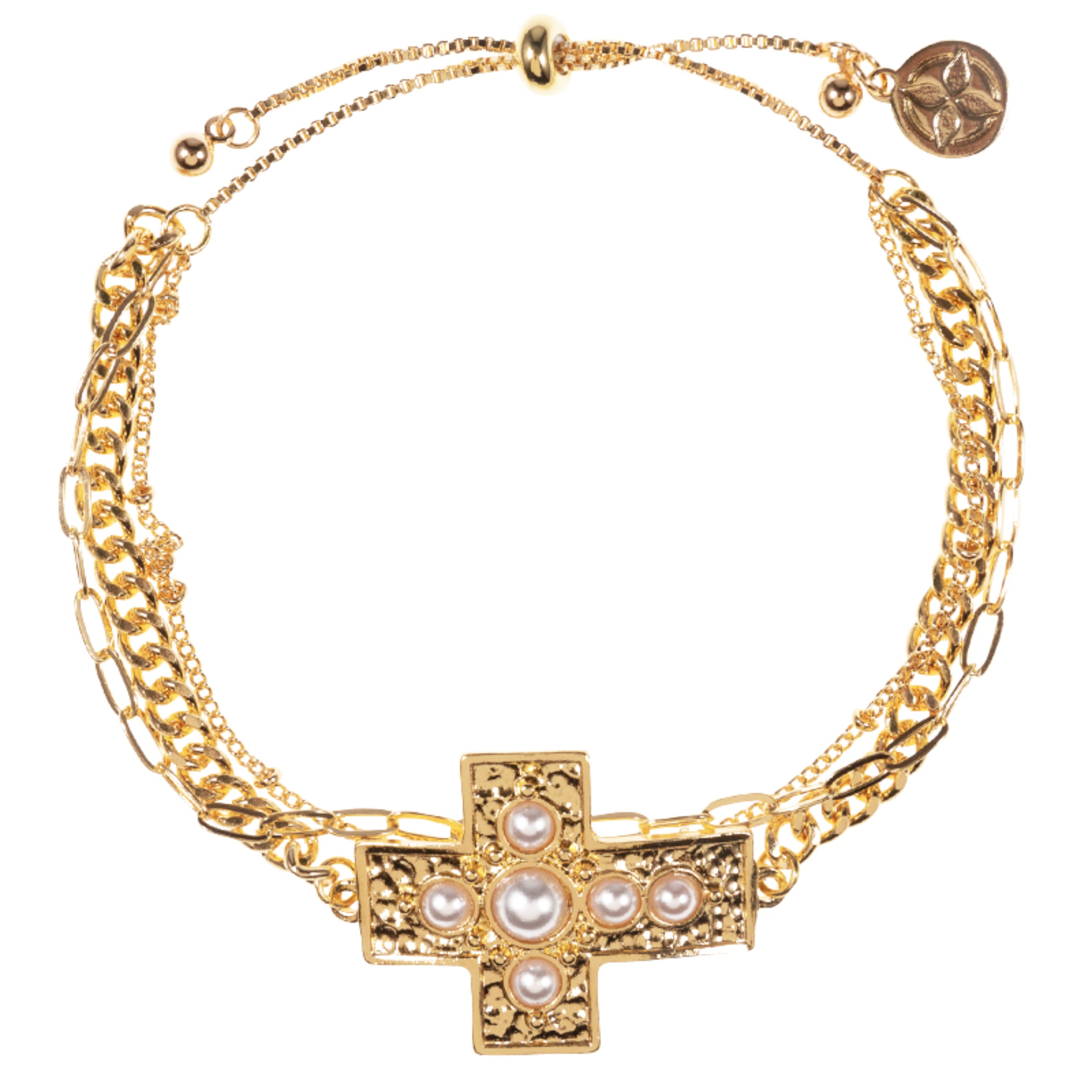 Gold Cross with Pearls 3 Layer Paper Clip, Curb, Dot Dot Chain Bracelet
