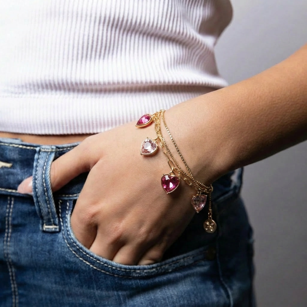 Gold Light PInk, Hot Pink Crystal Hearts 3 Layer Paper Clip, Box Chain Bracelet