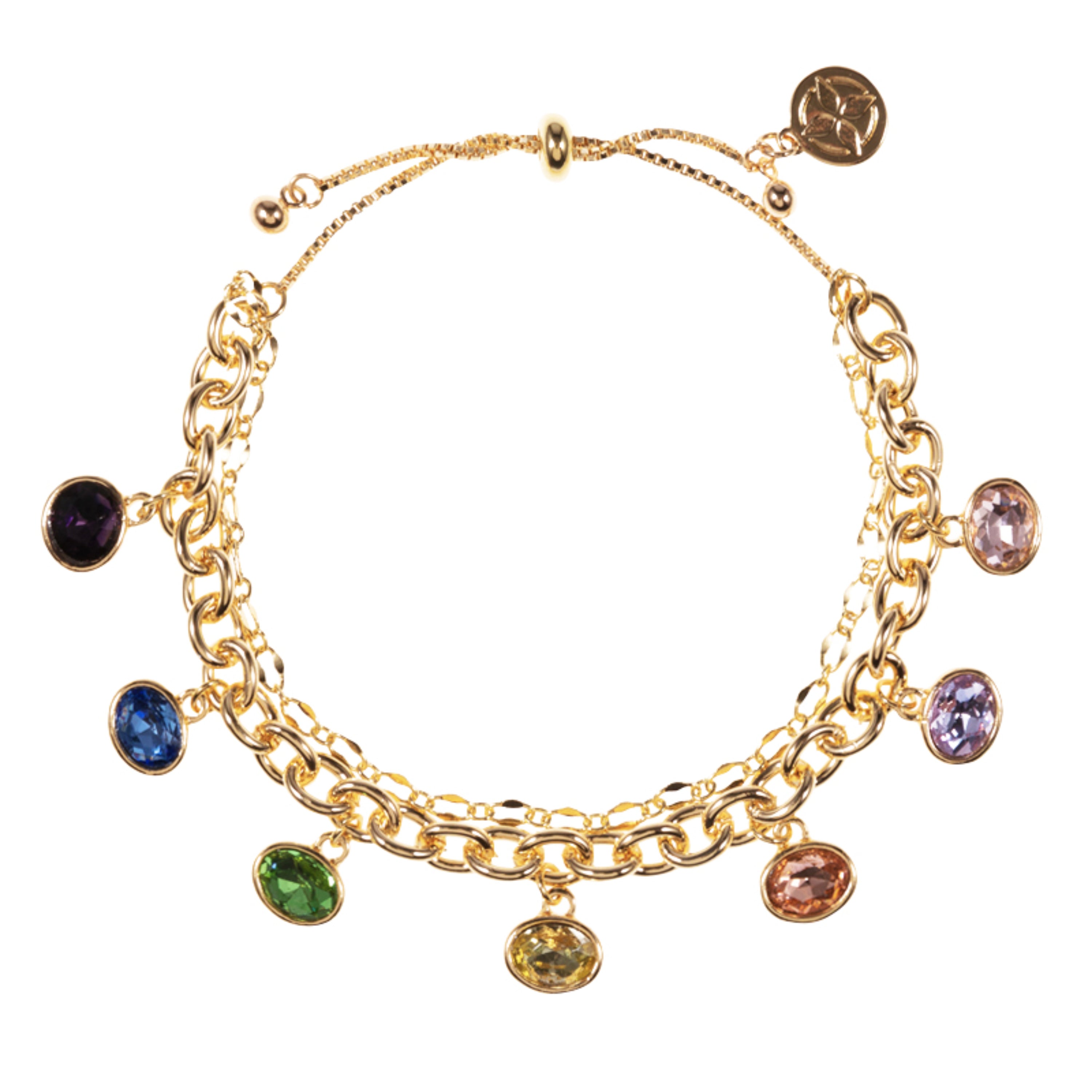 Gold Blue, Green, Yellow, Clear Crystals 2 Layer Round Cable Chain Bracelet