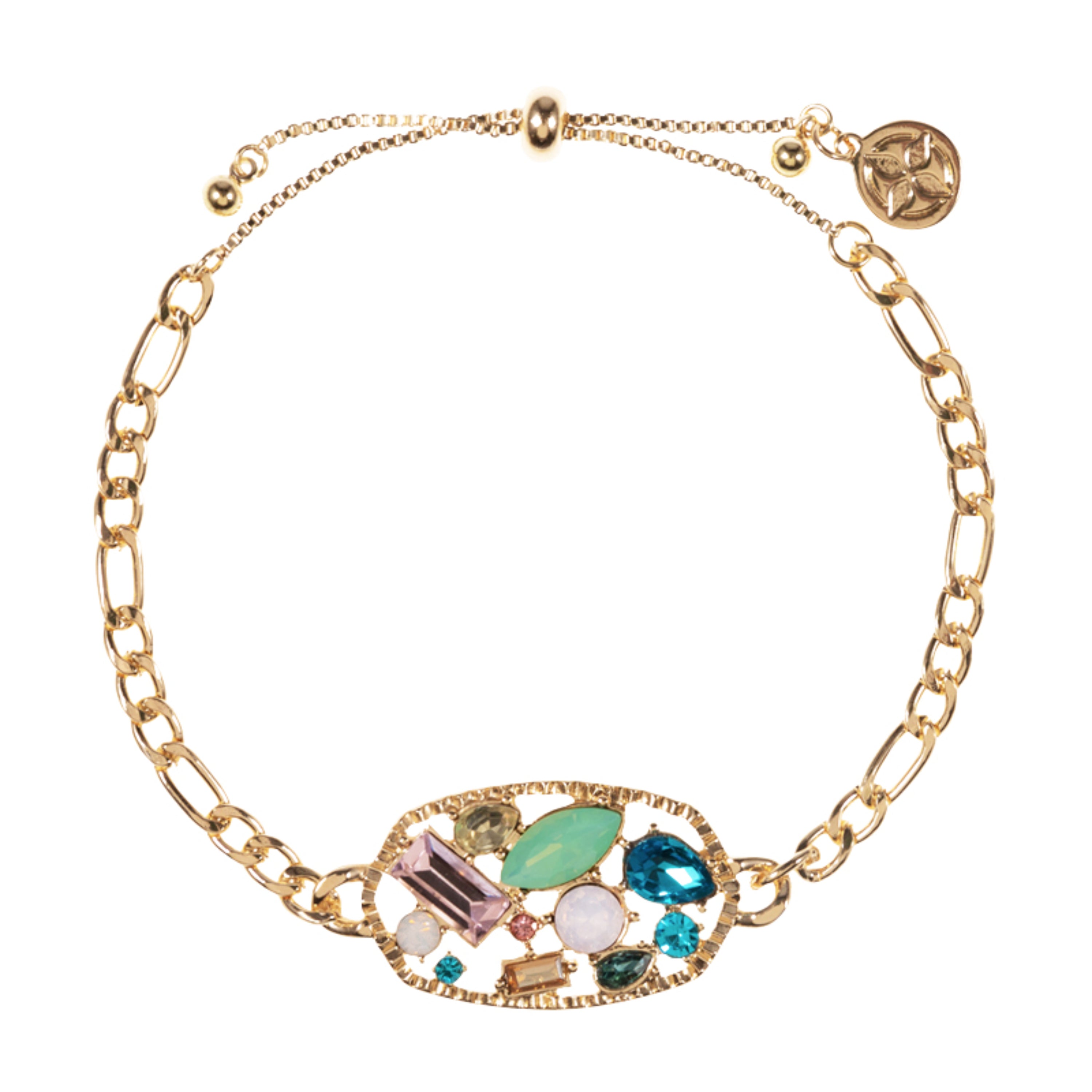 Gold Yellow, Blue, Pink, Green Crystal Cluster Curb Chain Bracelet