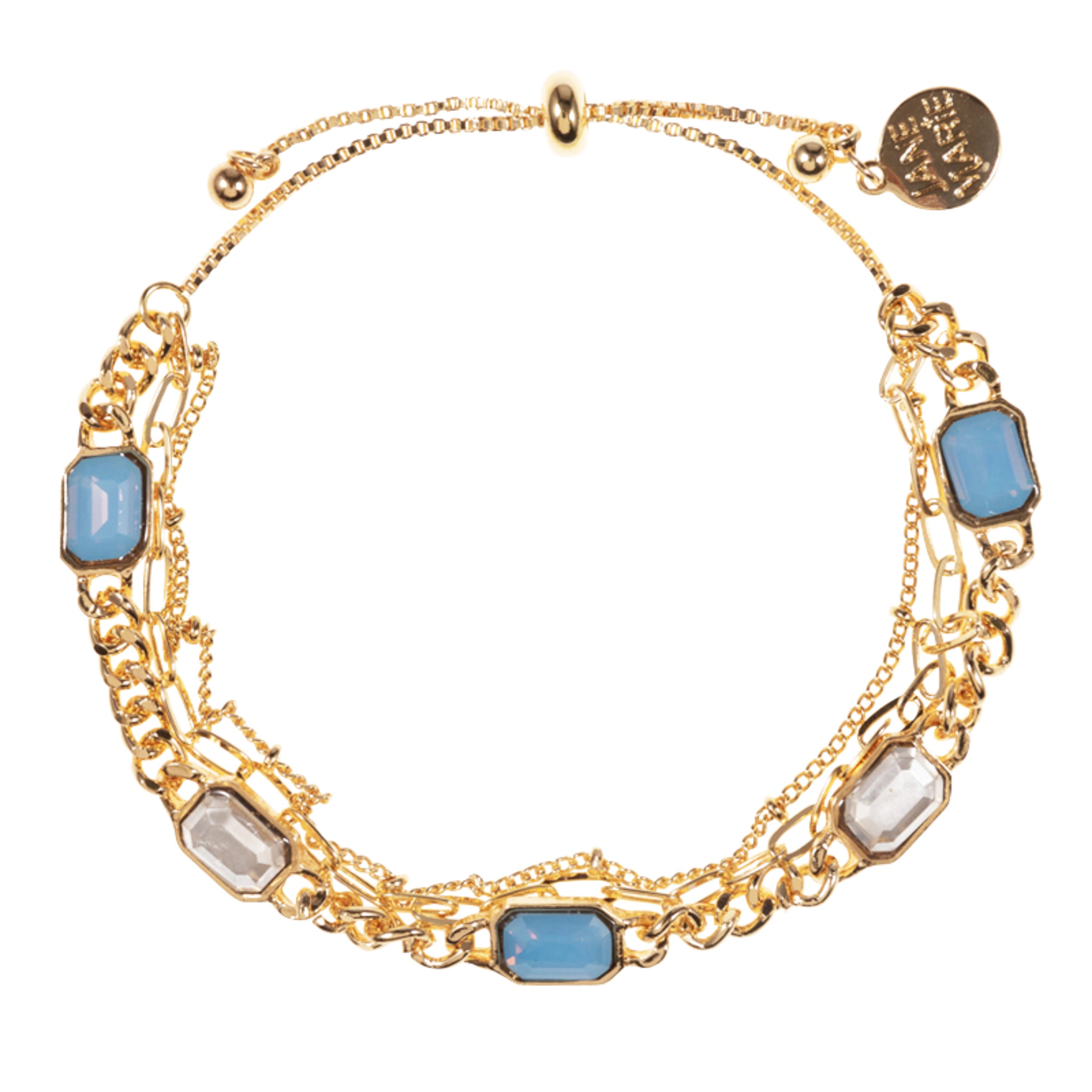 Gold Blue Moonstone, Silver Crystals 3 Layer Paper Clip, Curb, Dot Dot Chain Bracelet