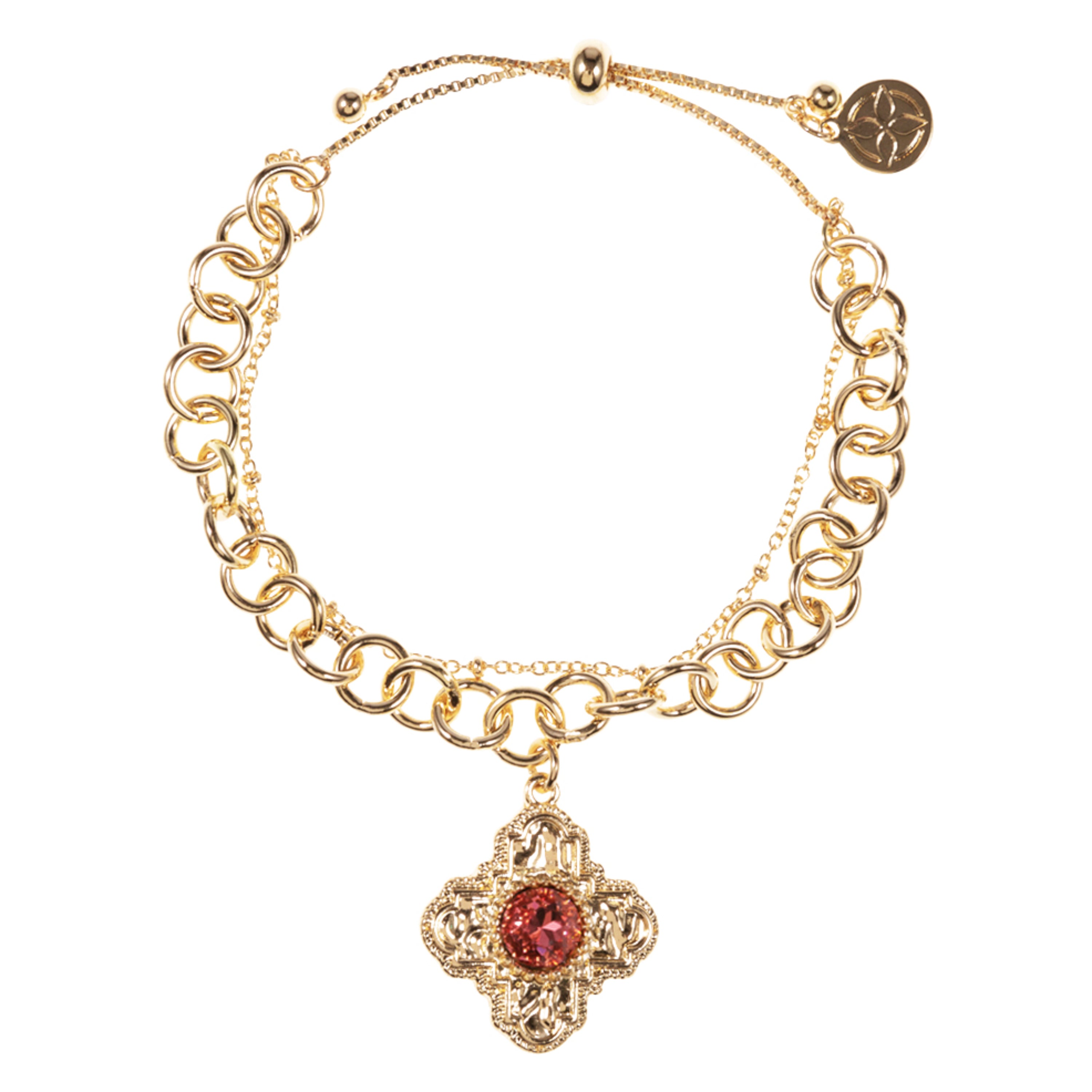 Gold Rounded Cross with Pink Crystal 2 Layer Round Cable, Dot Dot Chain Bracelet