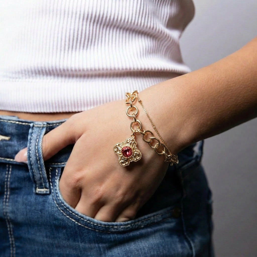 Gold Rounded Cross with Pink Crystal 2 Layer Round Cable, Dot Dot Chain Bracelet