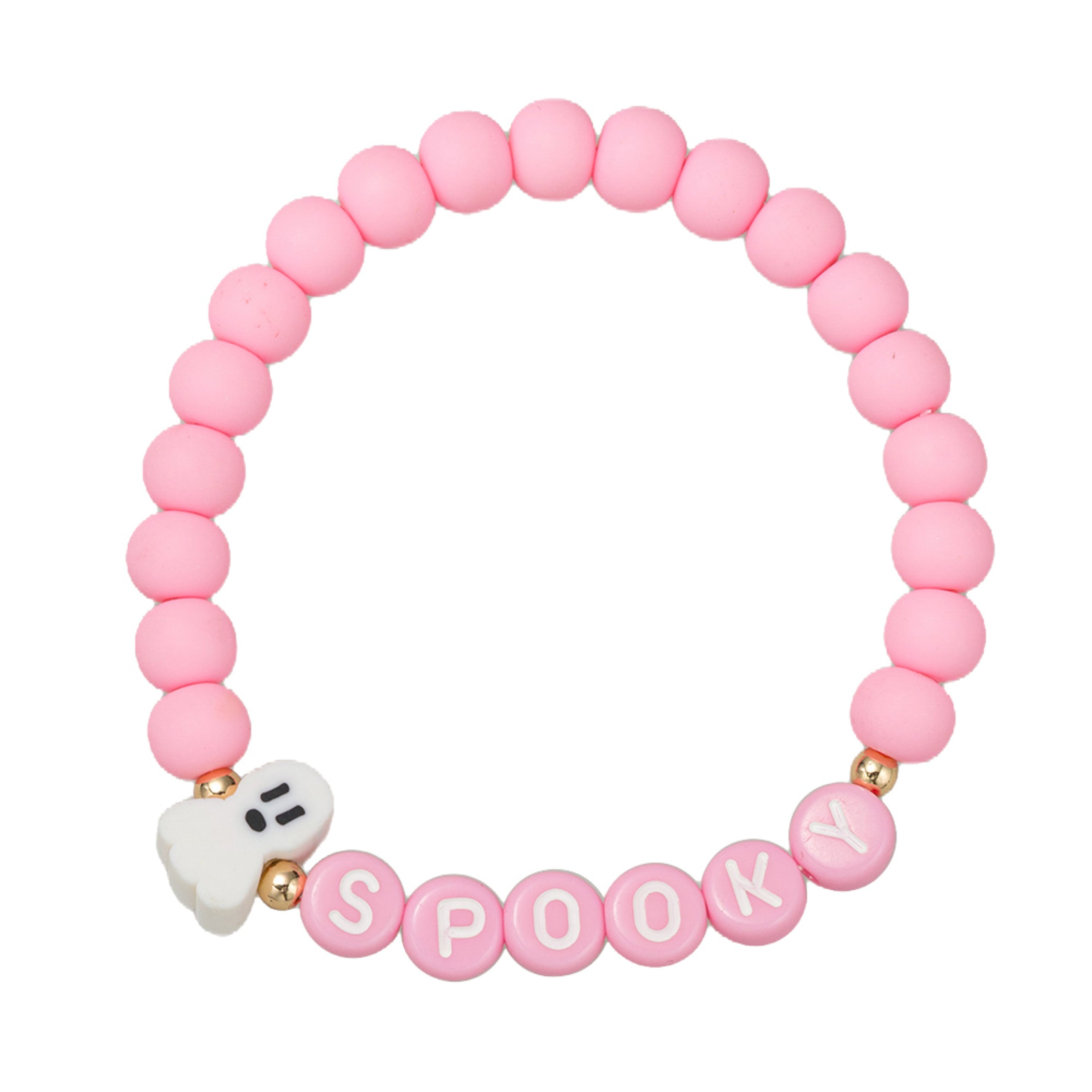 Kids Pink Rubber Ball Beaded Stretch Bracelet with White Ghost & "Spooky"