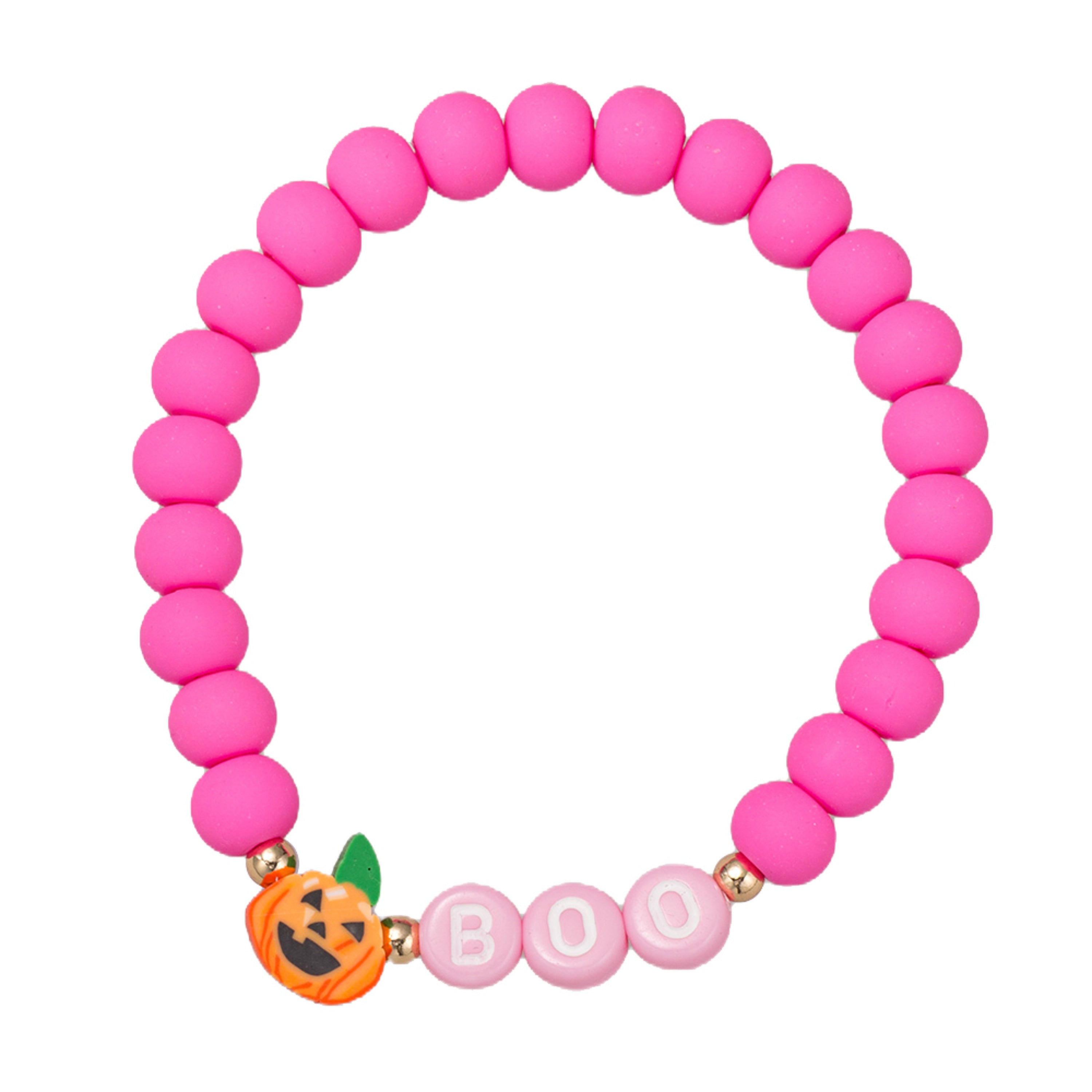 Kids Hot Pink Rubber Ball Beaded Stretch Bracelet with Orange Pumpkin & "Boo"