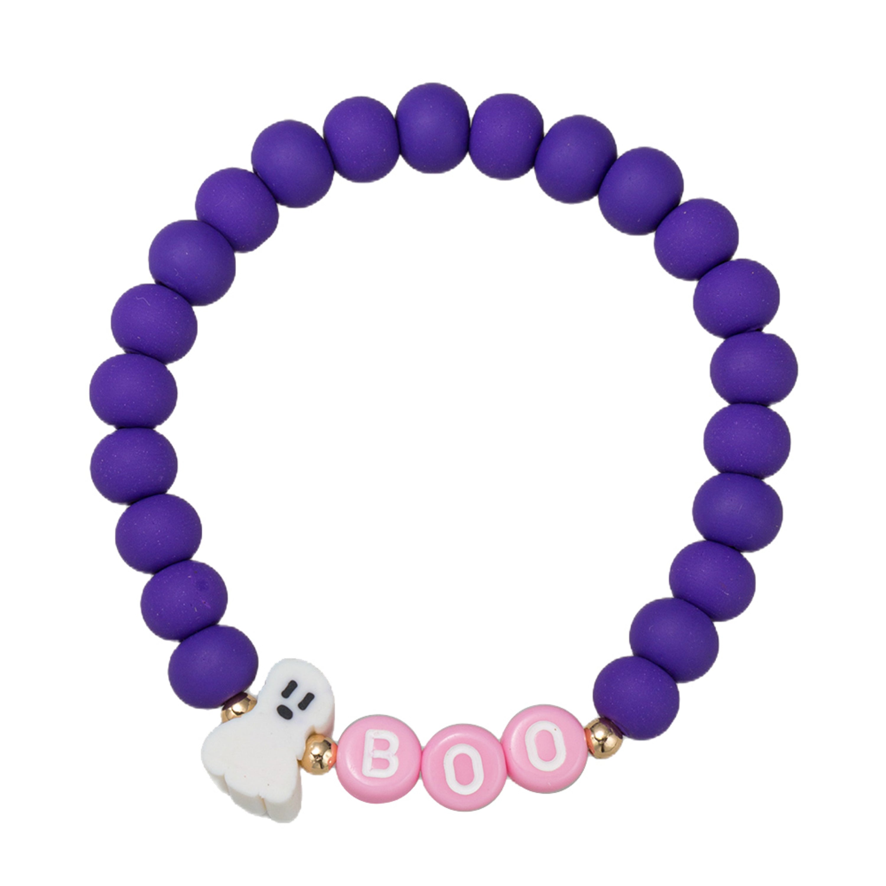 Kids Purple Rubber Ball Beaded Stretch Bracelet with White Ghost & "Boo"