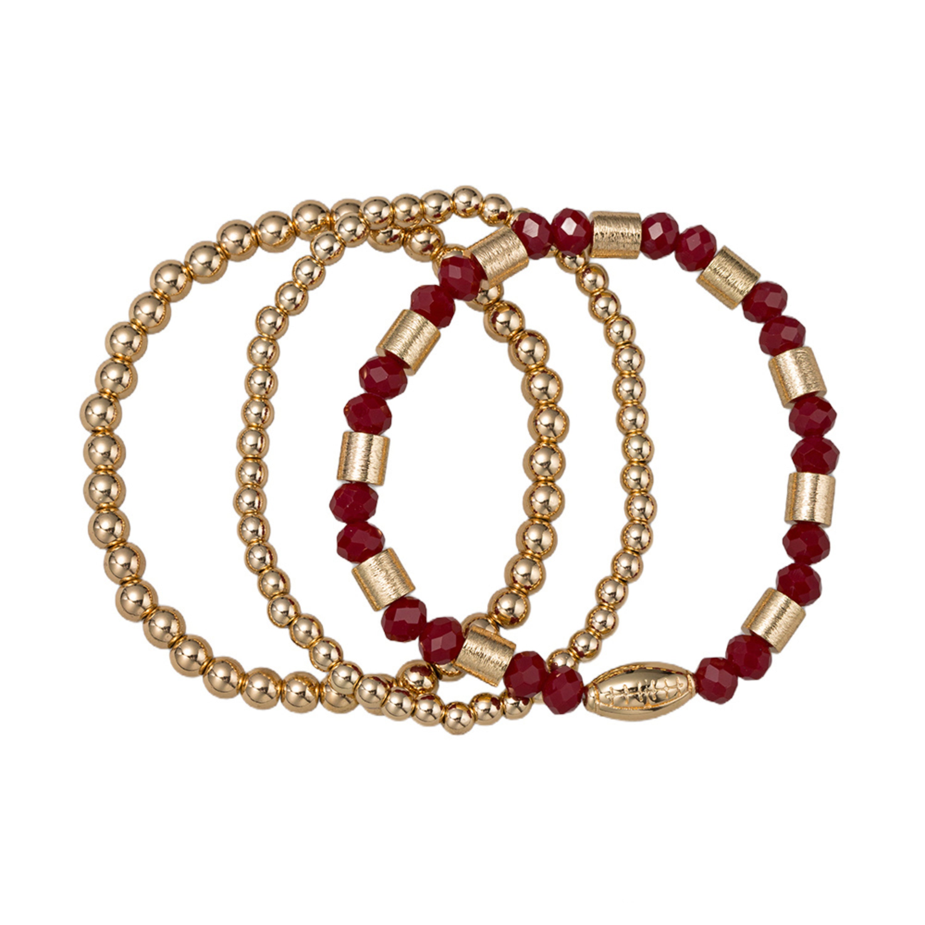 Set of 3 Maroon & Gold Beaded Stretch Bracelet with Gold Football