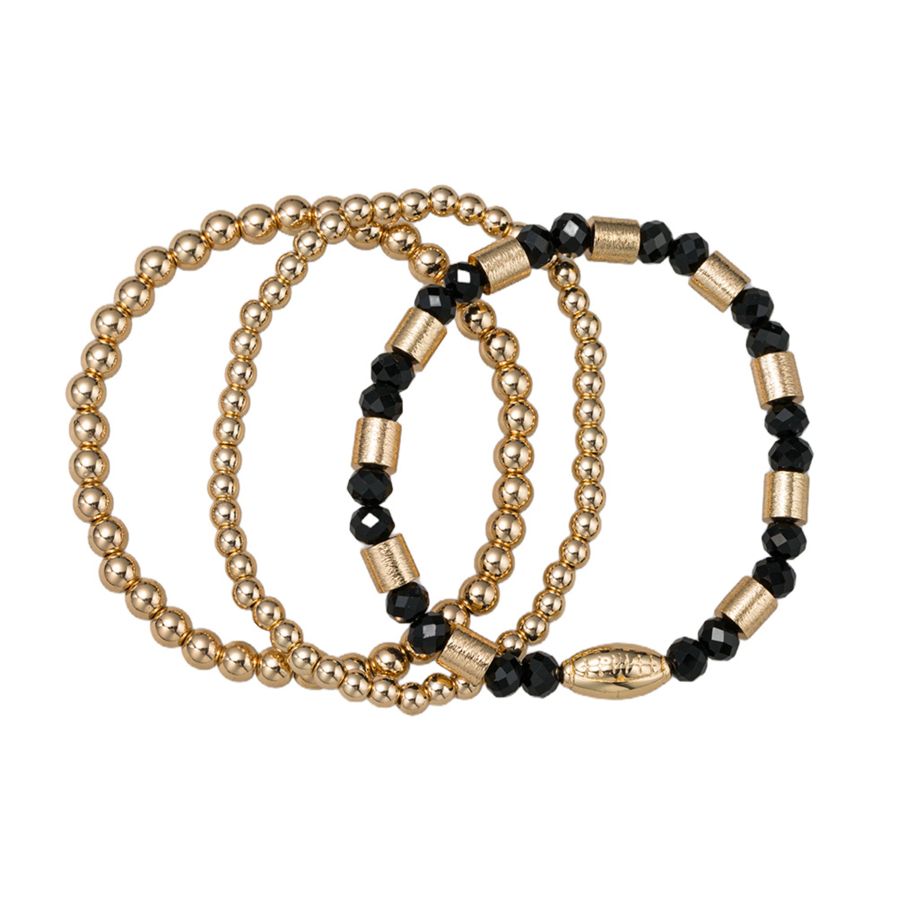Set of 3 Black & Gold Beaded Stretch Bracelet with Gold Football