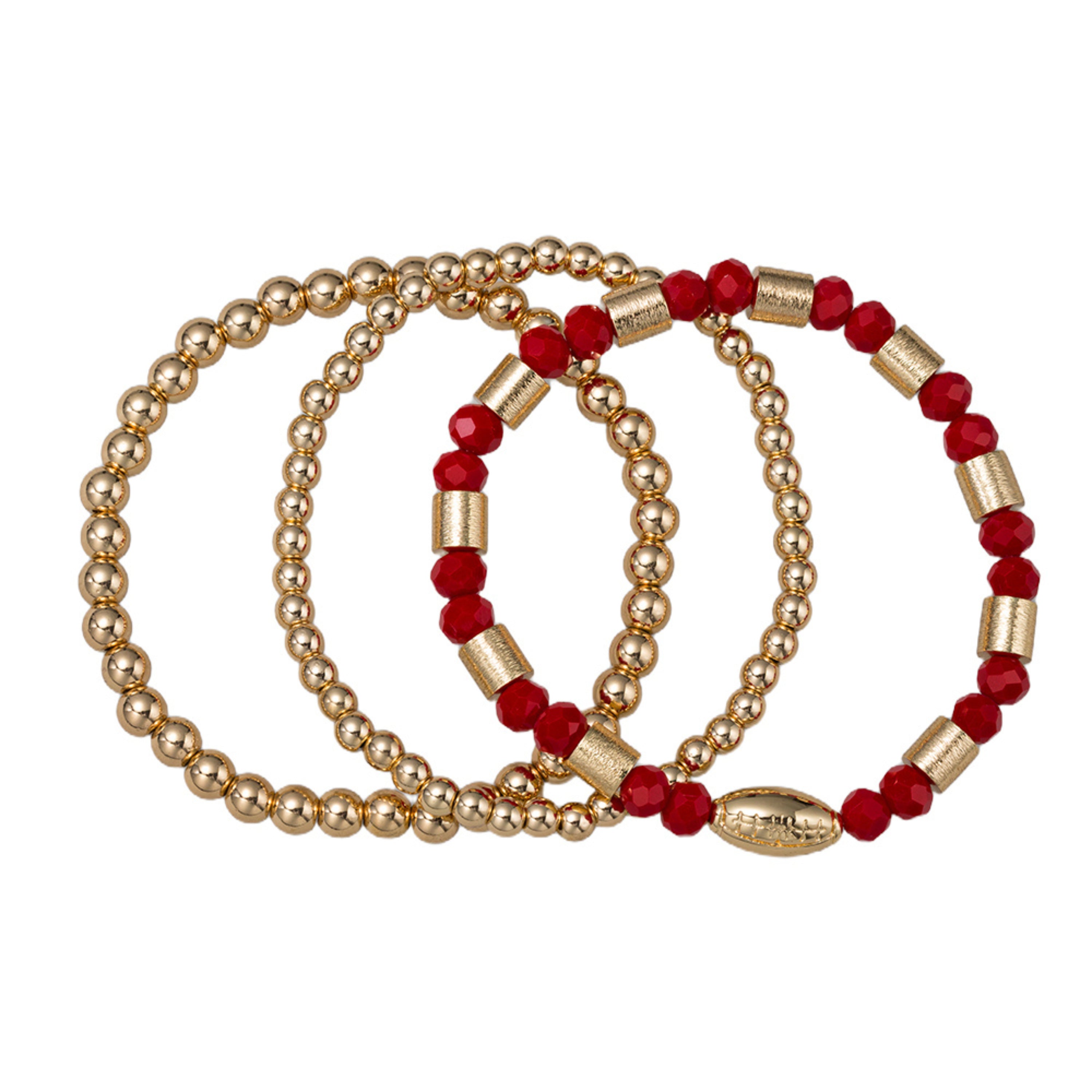 Set of 3 Crimson & Gold Beaded Stretch Bracelet with Gold Football