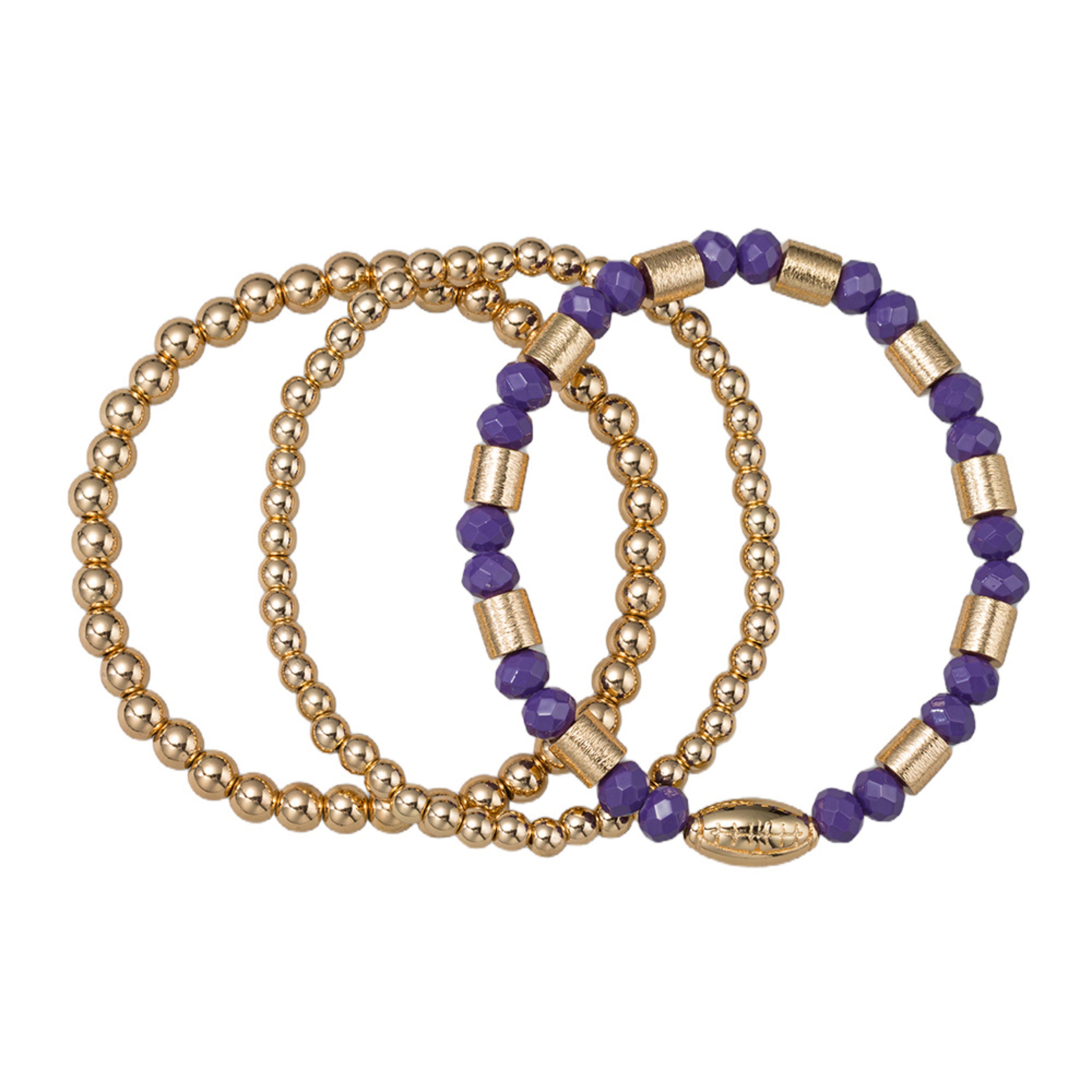 Set of 3 Purple & Gold Beaded Stretch Bracelet with Gold Football