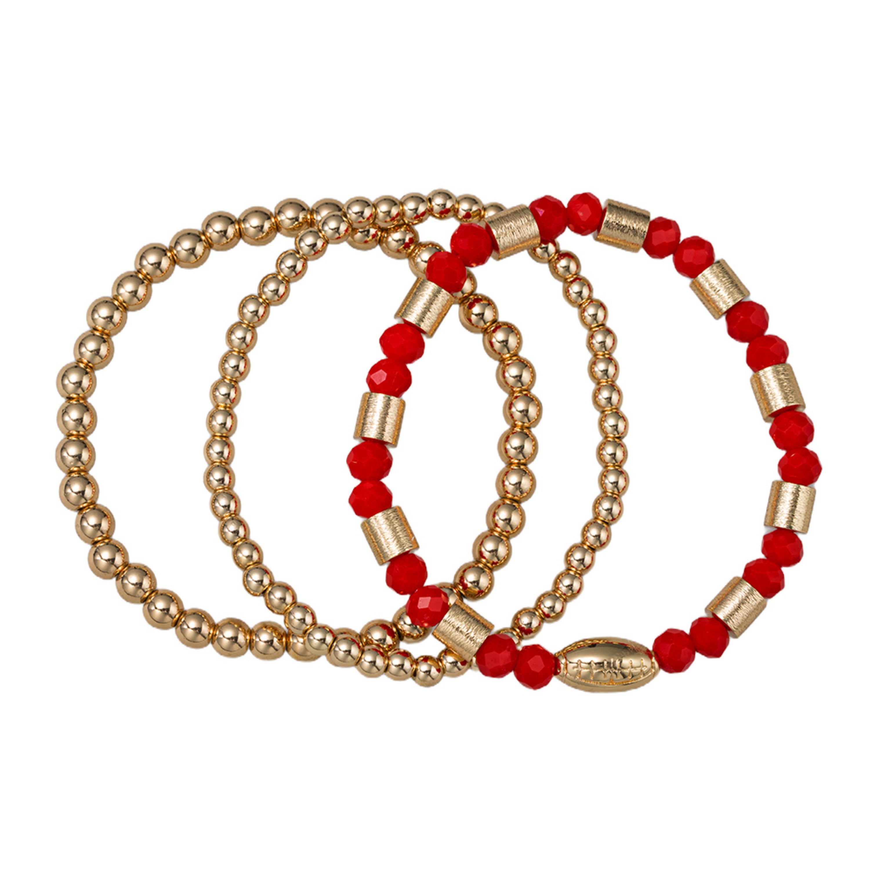 Set of 3 Red & Gold Beaded Stretch Bracelet with Gold Football
