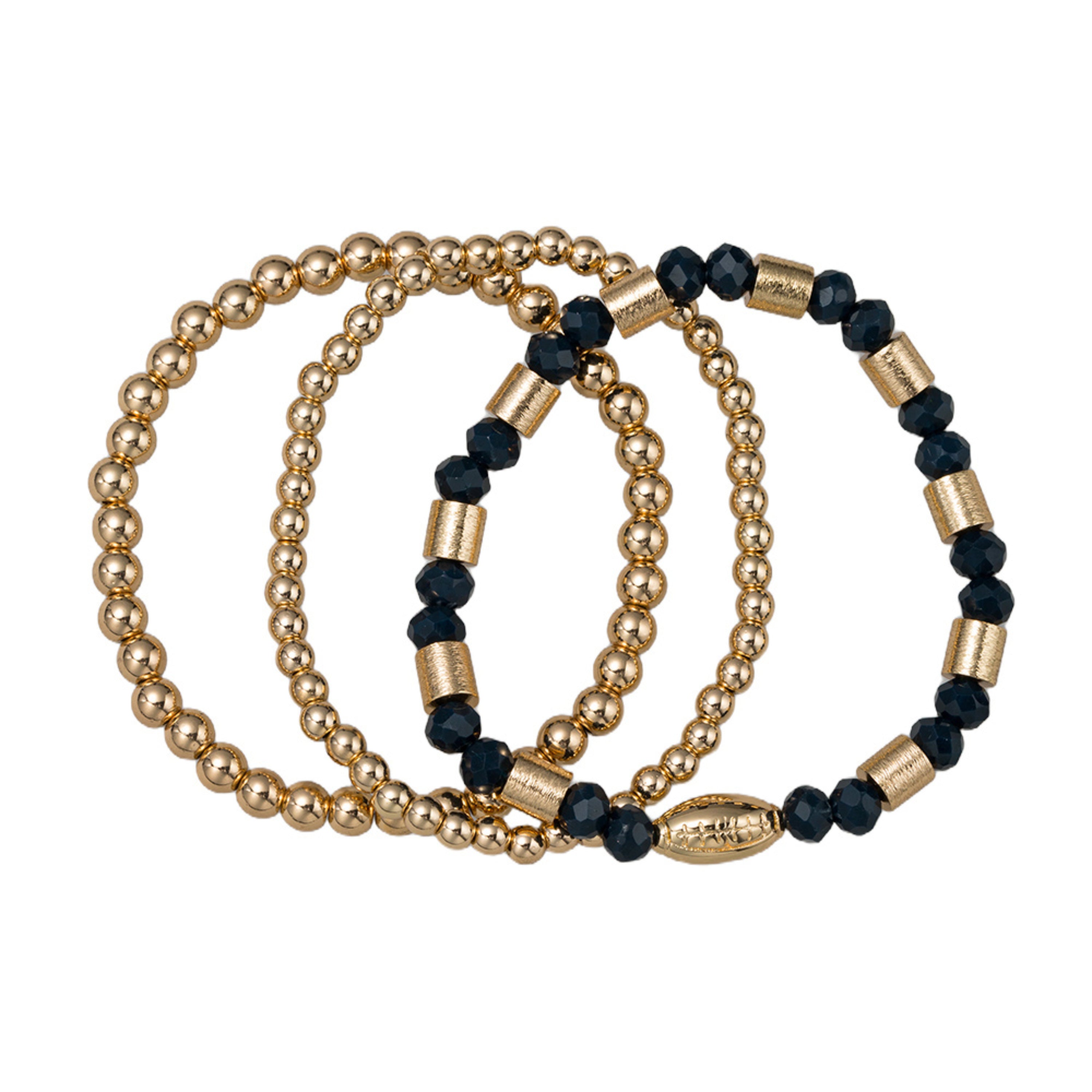Set of 3 Navy & Gold Beaded Stretch Bracelet with Gold Football