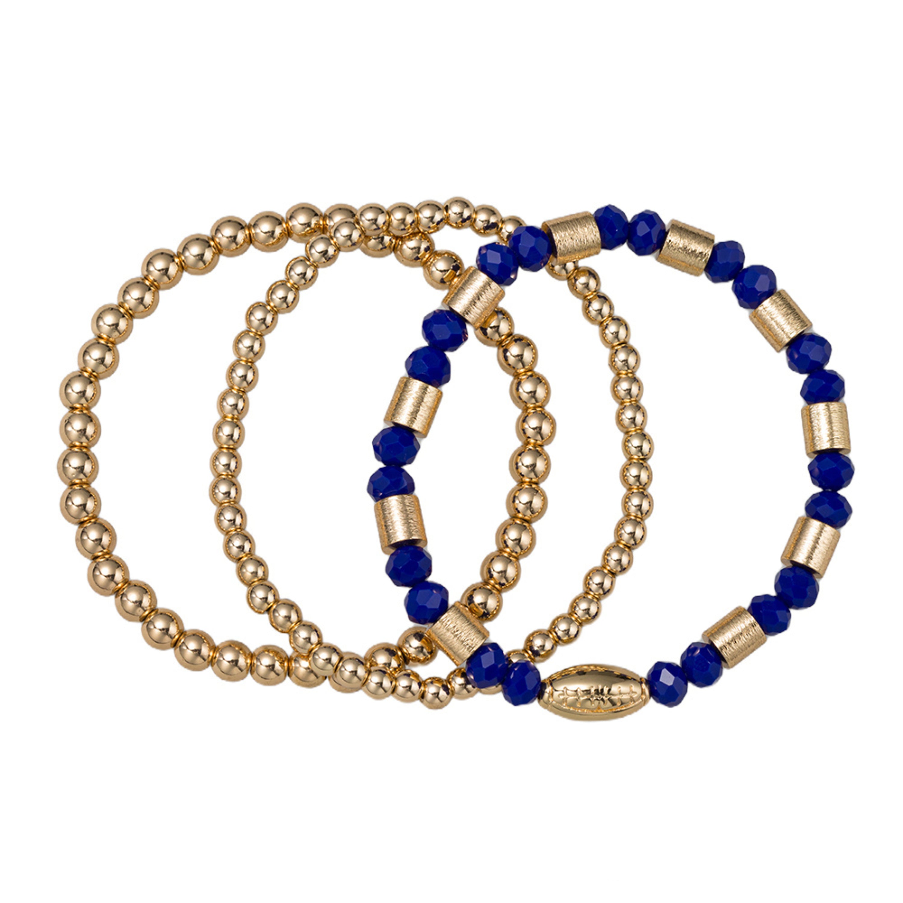 Set of 3 Royal Blue & Gold Beaded Stretch Bracelet with Gold Football