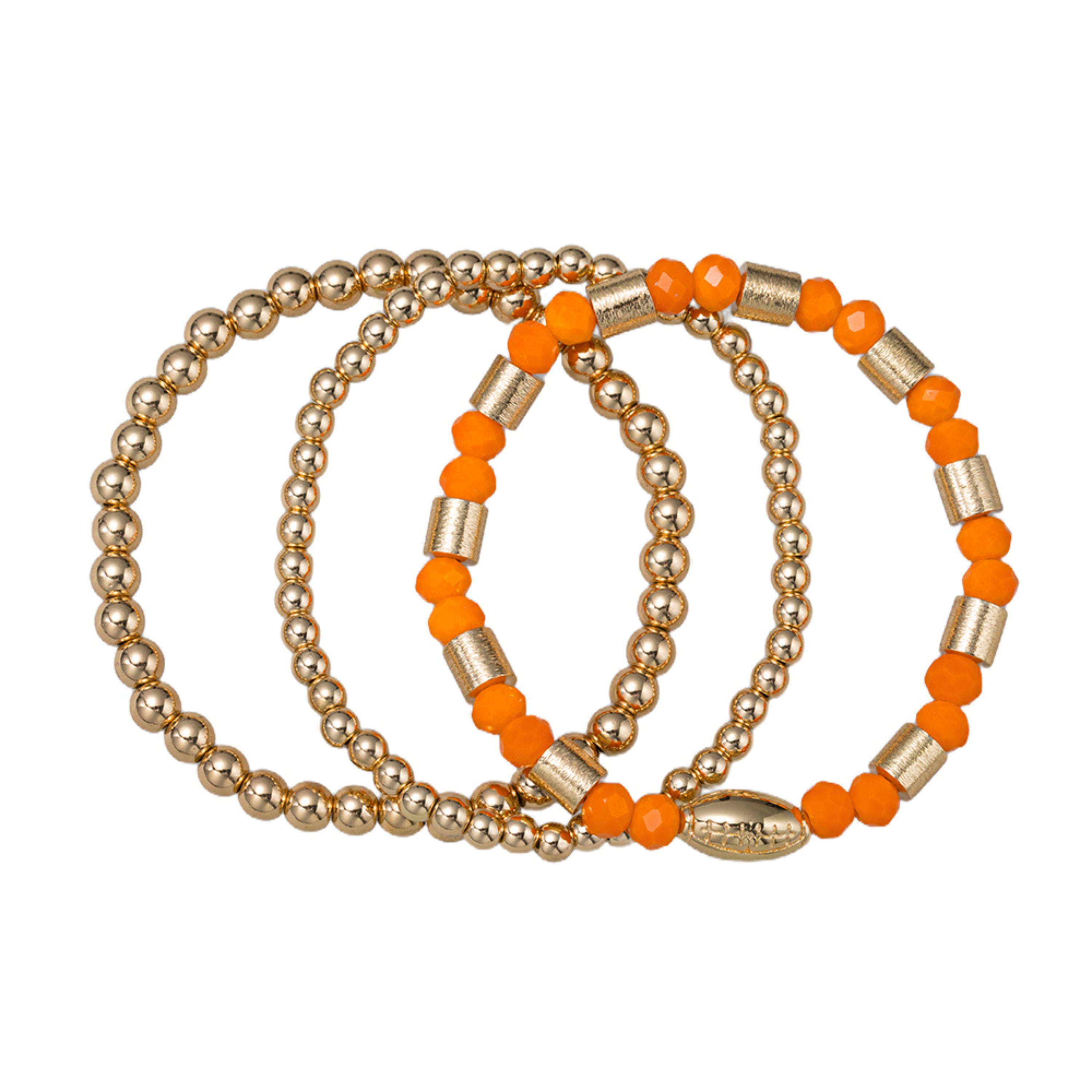 Set of 3 Orange & Gold Beaded Stretch Bracelet with Gold Football
