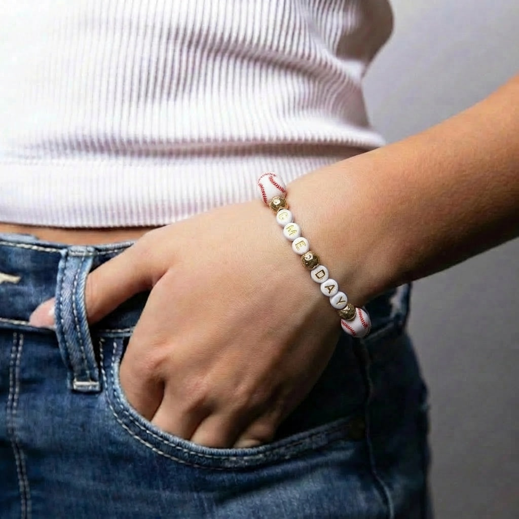 White, Red Baseball Beaded Bracelet with "Gameday"