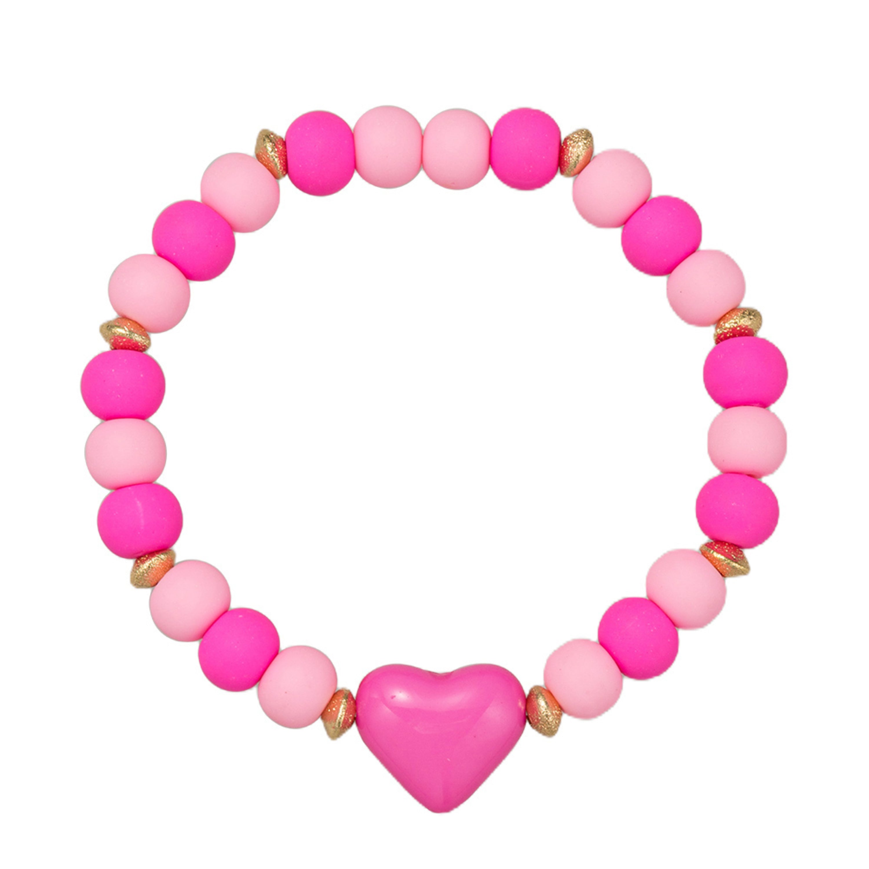 Kids Hot Pink, Light Pink Rubber Ball Beaded Stretch Bracelet with Pink Heart