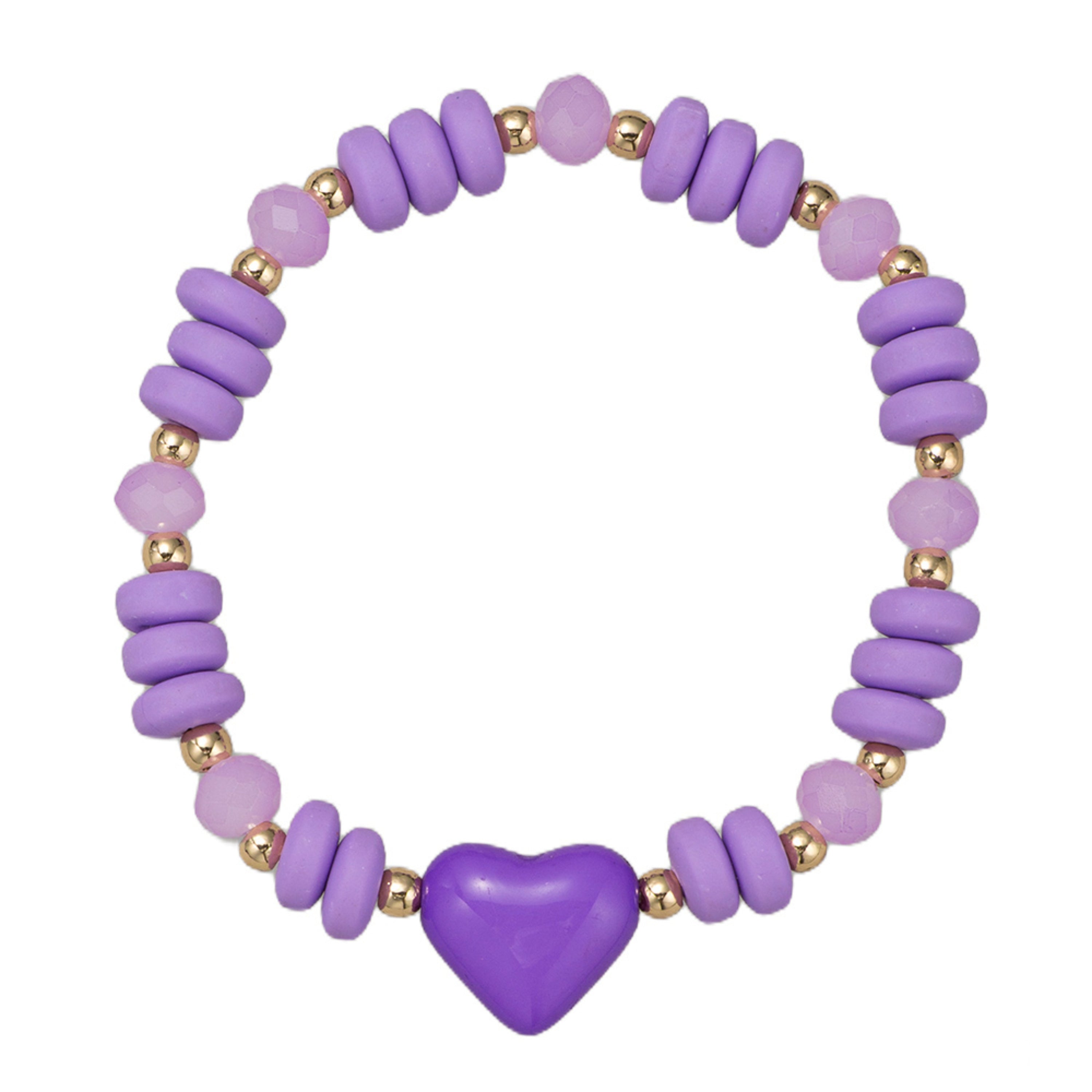 Kids Purple Rubber Rondelle Beaded Stretch Bracelet with Purple Heart