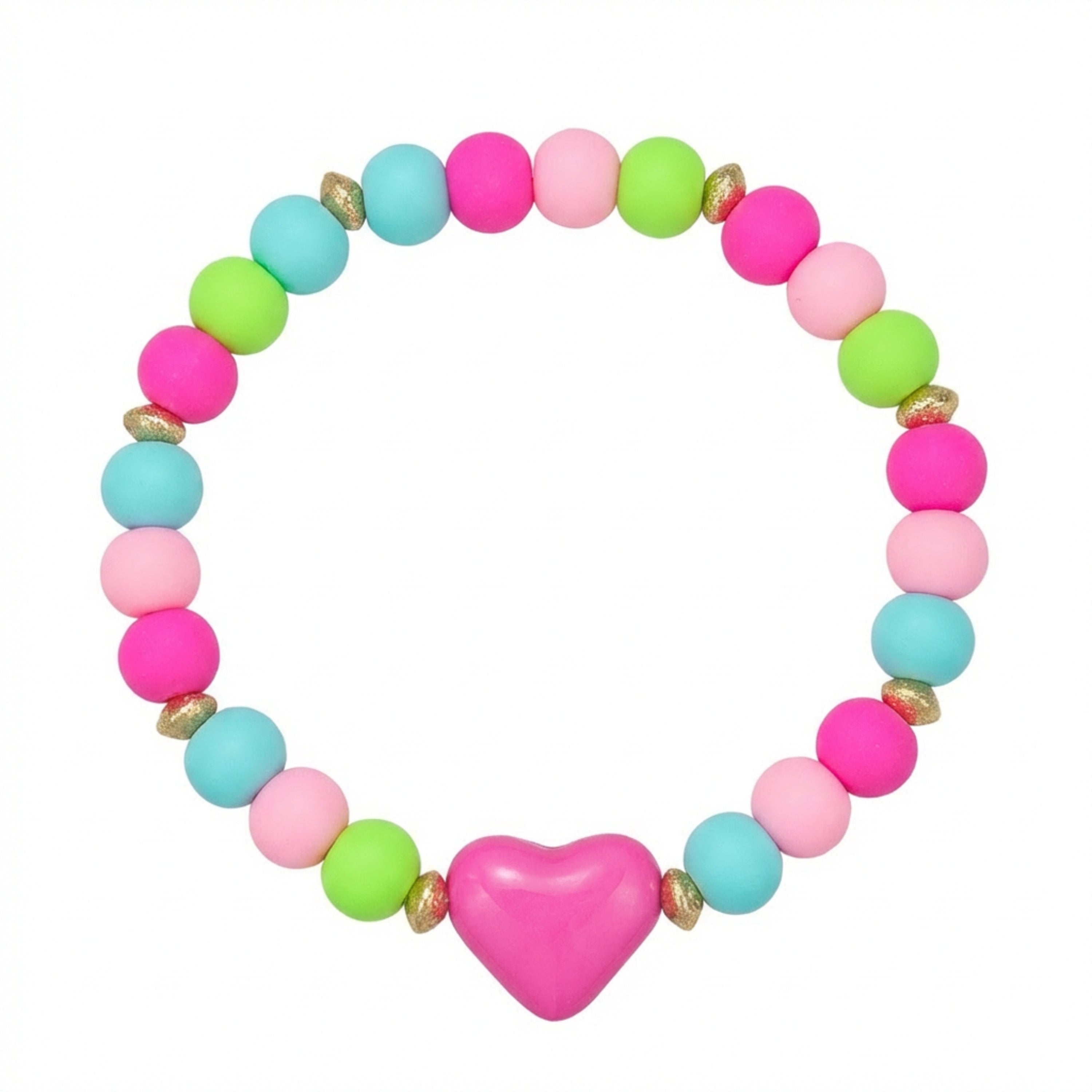 Kids Lime, Pink, Hot Pink, Tq Rubber Ball Beaded Stretch Bracelet with Fuschia Heart