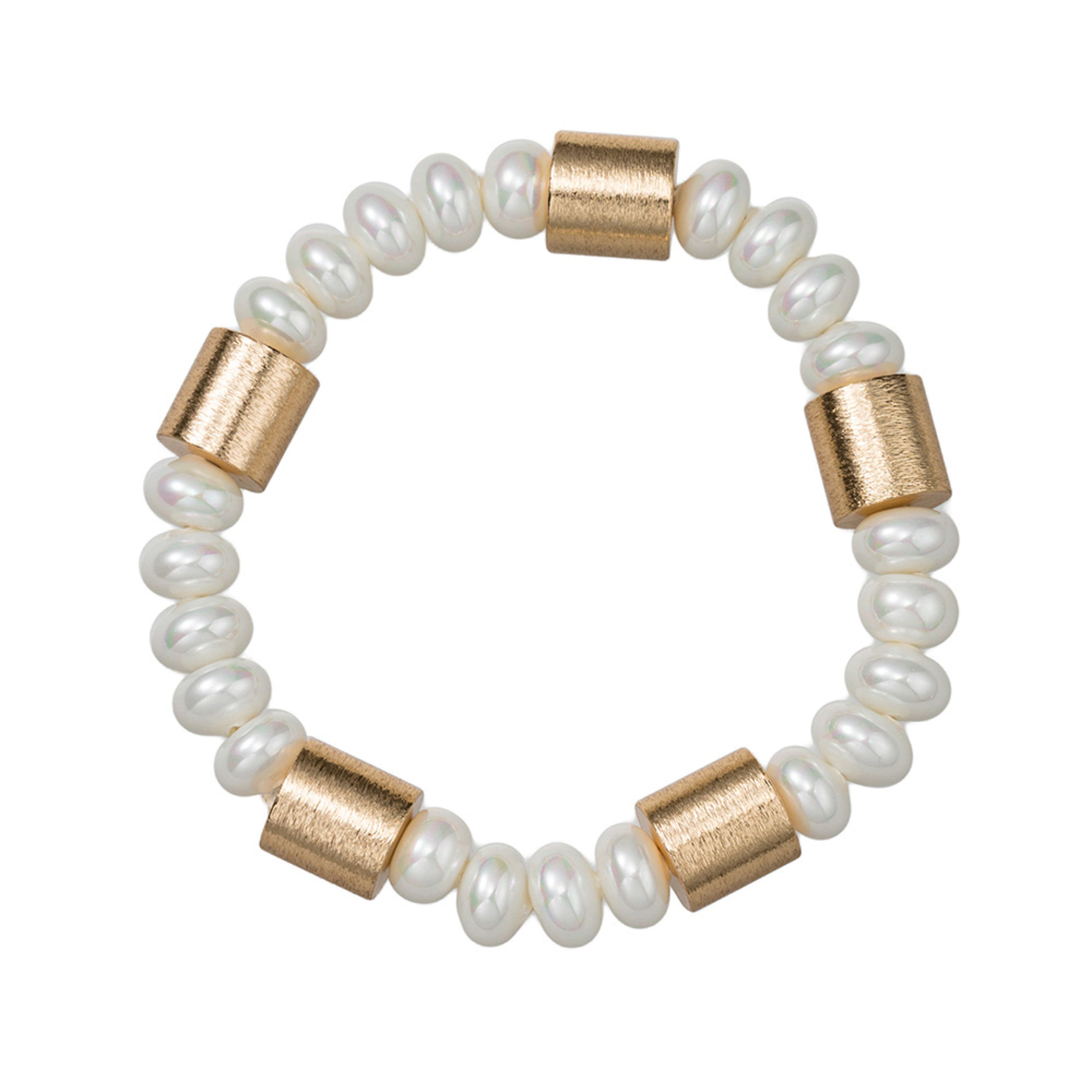 Glass Pearl & Gold Metal Beaded Stretch Bracelet