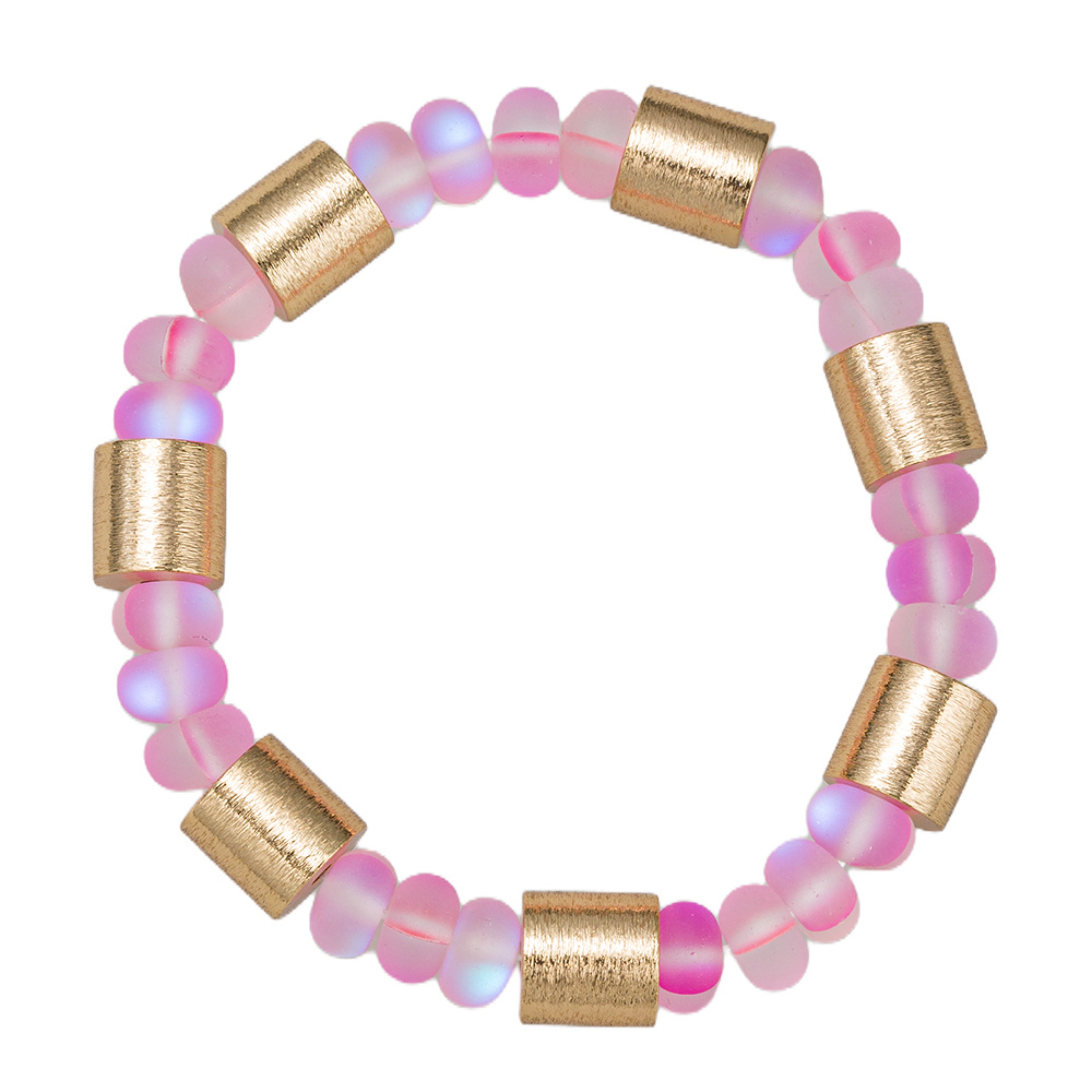 Opalized Hot Pink & Gold Metal Beaded Stretch Bracelet