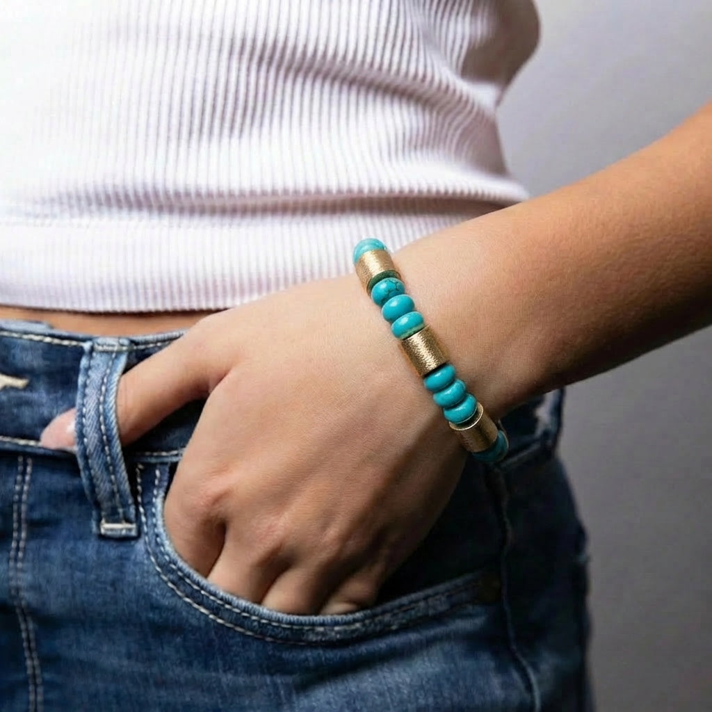 Semi Precious Turquoise & Gold Metal Beaded Stretch Bracelet