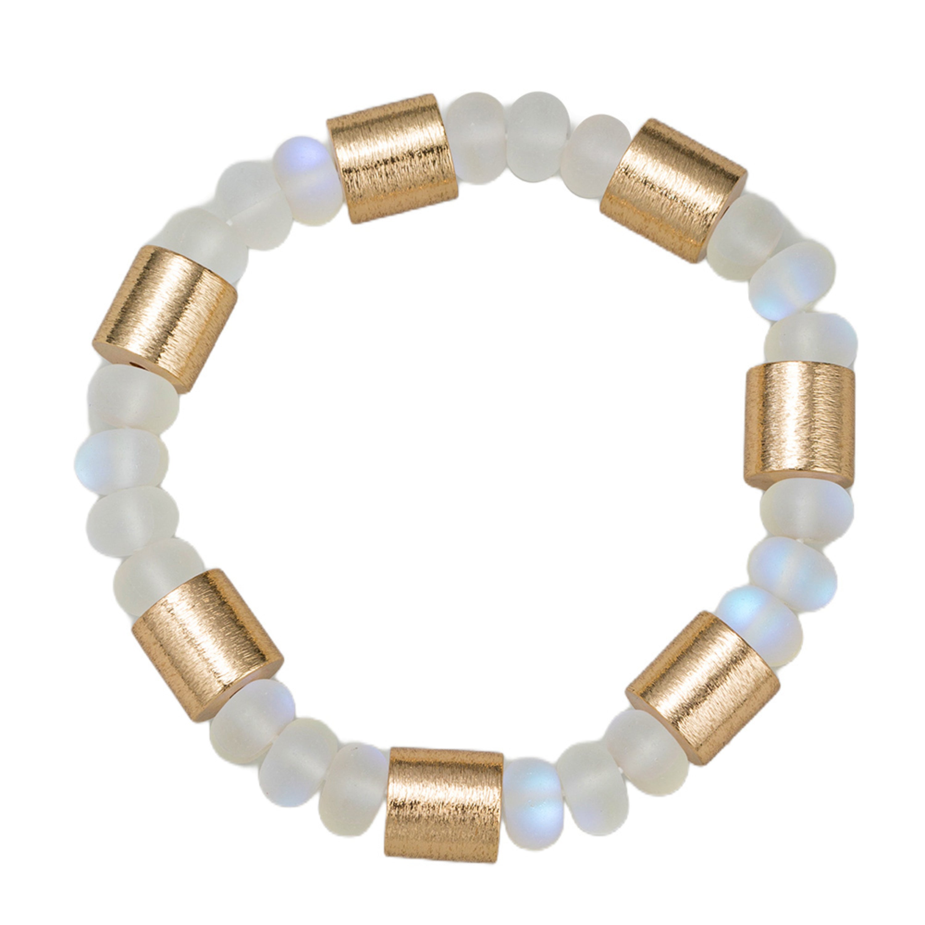 Opalized Moonstone & Gold Metal Beaded Stretch Bracelet