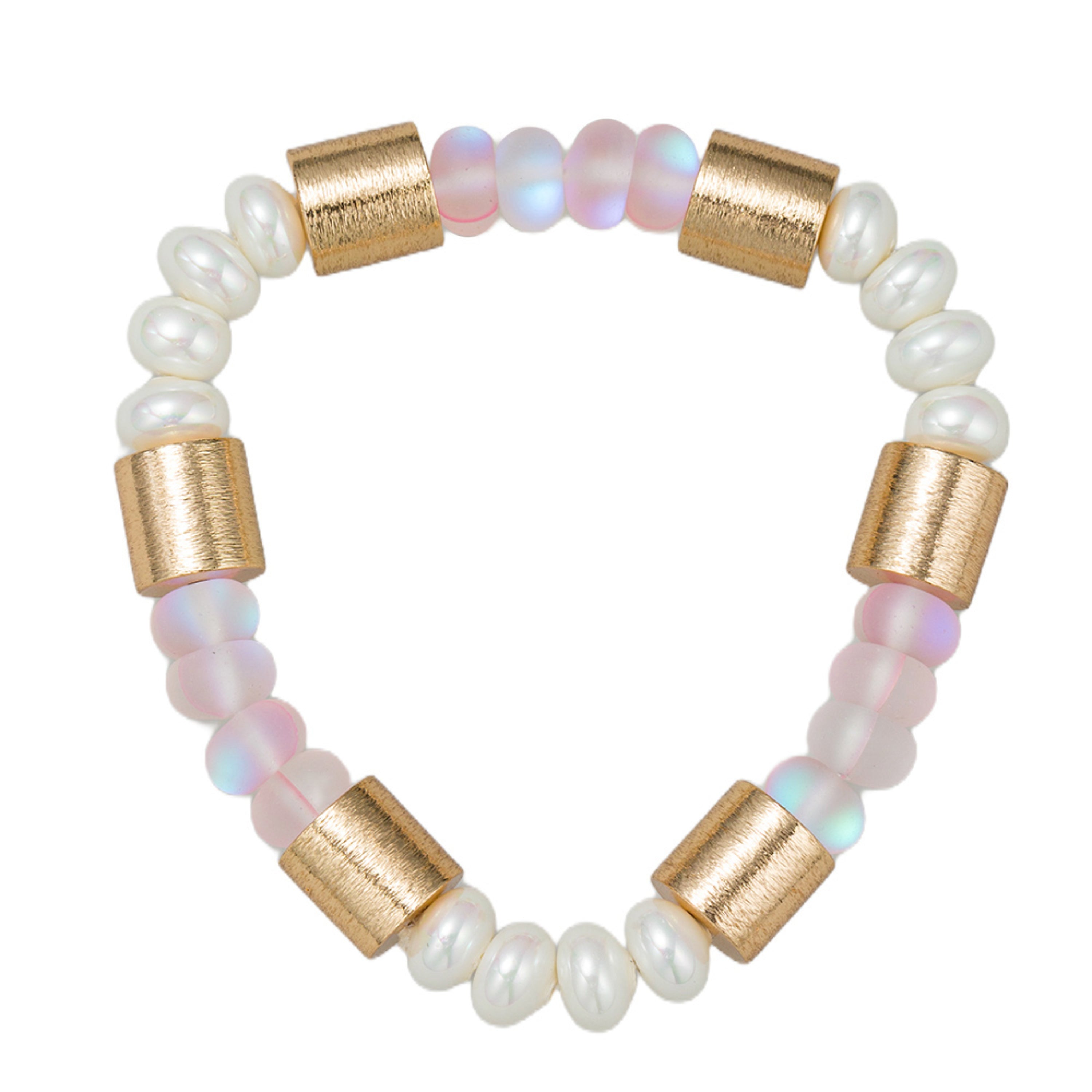 Pink, Pearl Opalized Glass & Gold Metal Beaded Stretch Bracelet