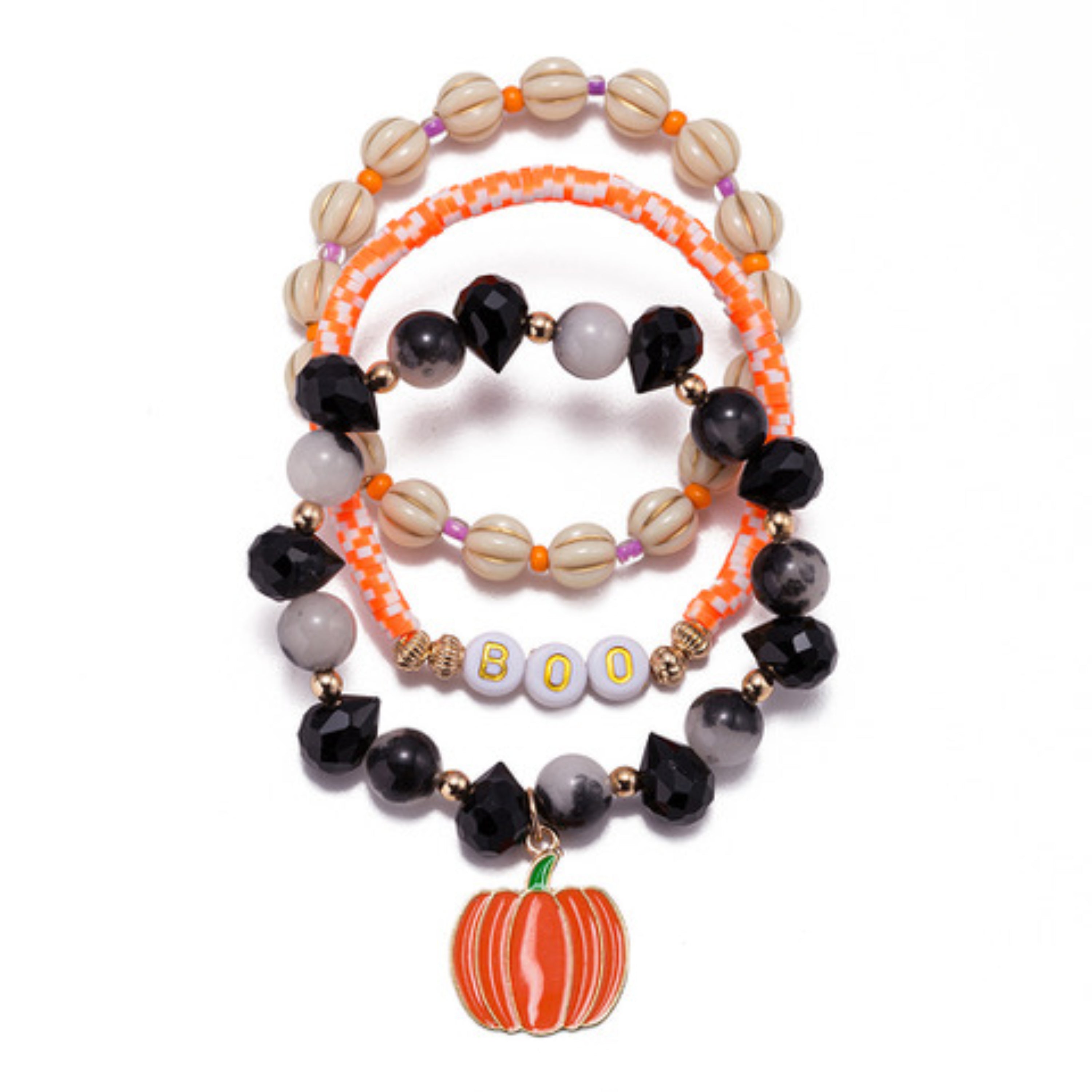 Set of 3, "Boo" with Pumpkin Beaded Stretch Bracelet