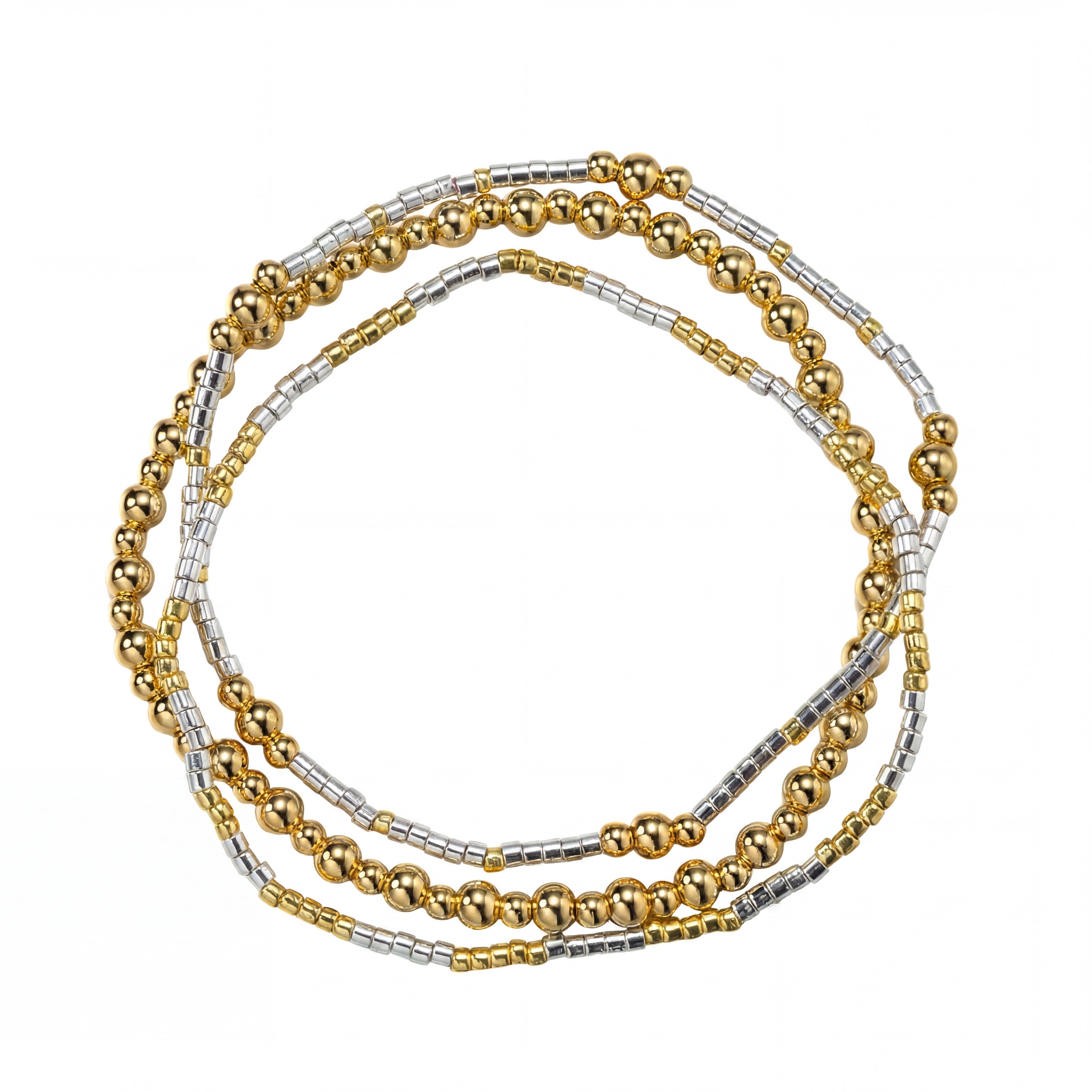 18k Gold Plated Set of 3 Silver, Gold Beaded Stretch Bracelets