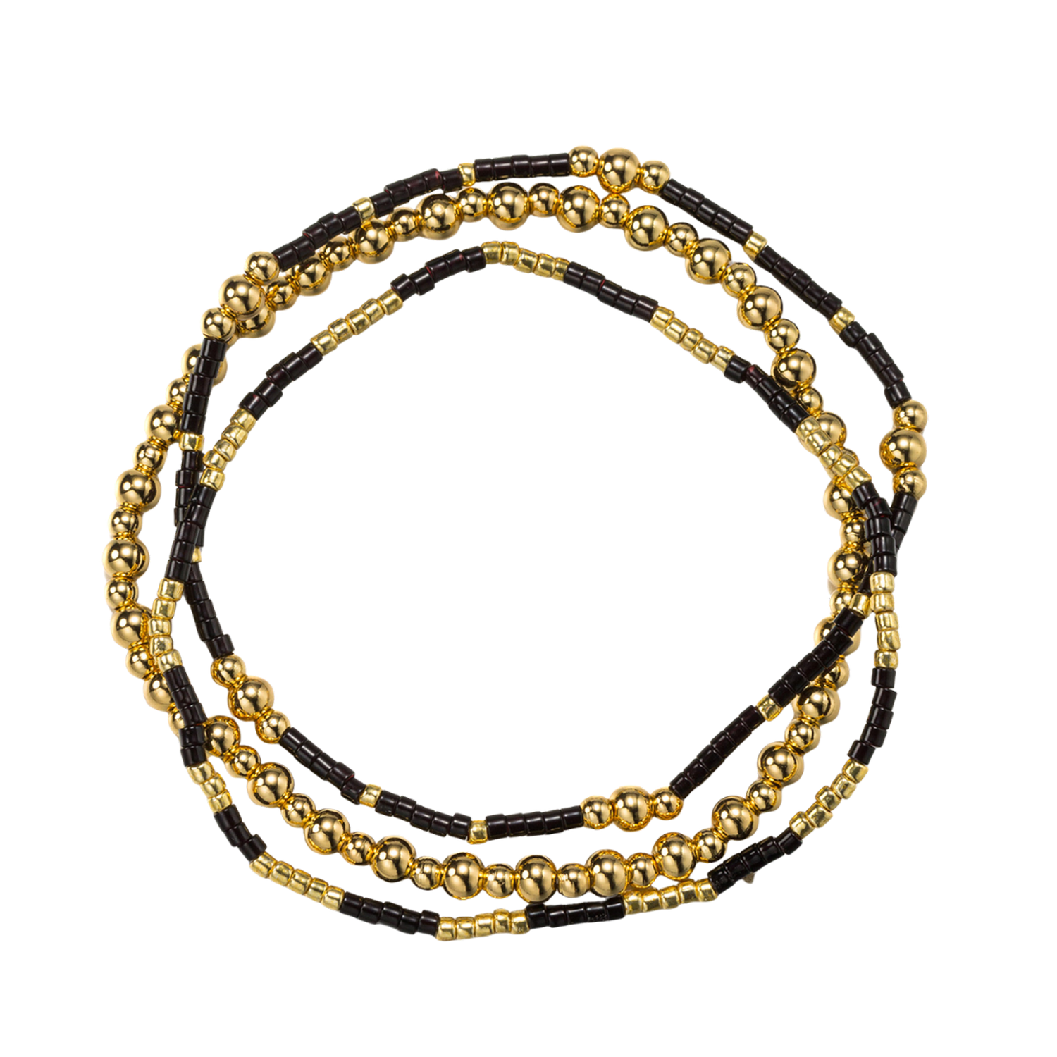 18k Gold Plated Set of 3 Black, Gold Beaded Stretch Bracelets