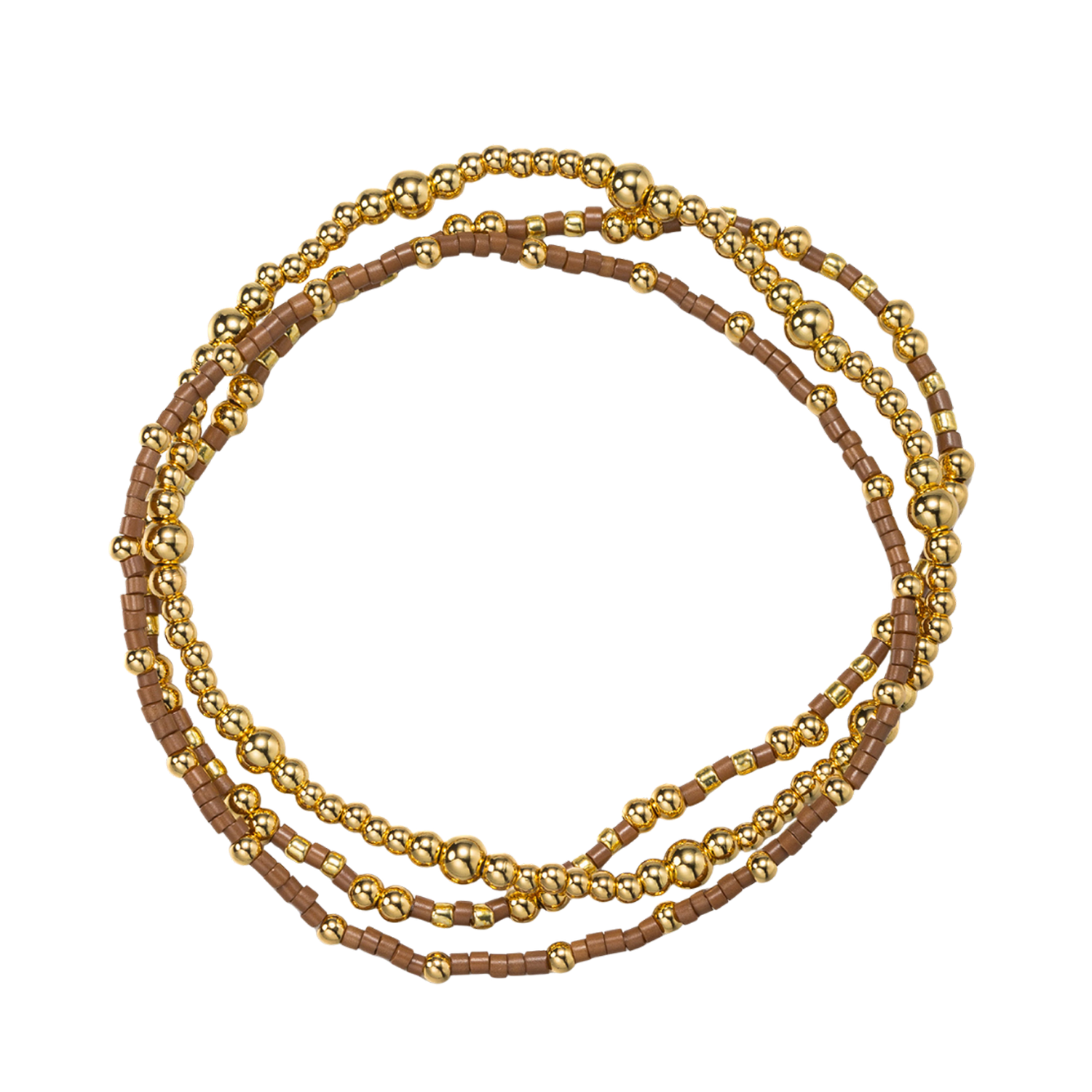 18k Gold Plated Set of 3 Brown, Gold Beaded Stretch Bracelets