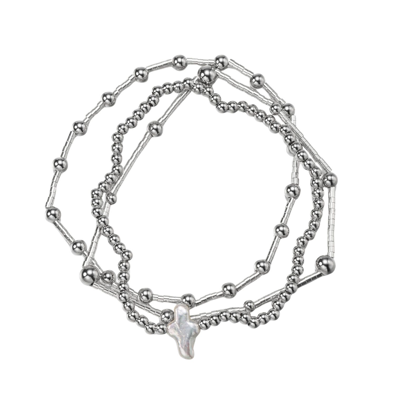 18k Gold Plated Set of 3 Silver Beaded Stretch Bracelets with Pearl Cross