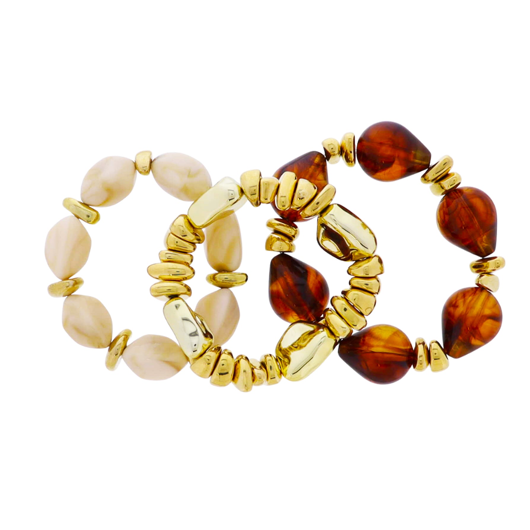 Set of 3 Cream, Brown, Gold Acyrlic Beaded Stretch Bracelet