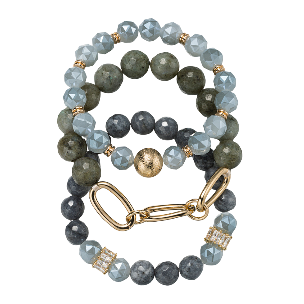 Set of 3 Agate, Faceted Beaded Bracelet with Gold Link Accent