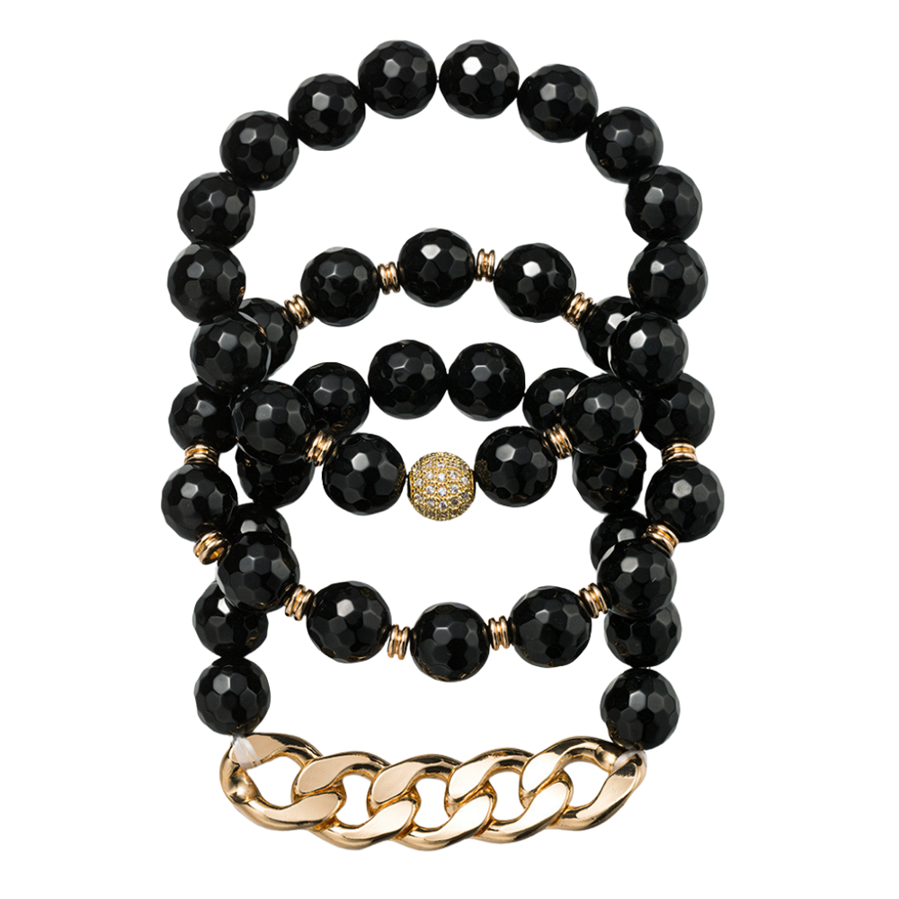 Set of 3 Agate Beaded Bracelet with Gold Chain Accent