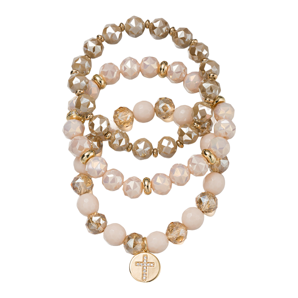 Set of 3 Faceted, Agate Beaded Bracelet with Gold Disk with Cross