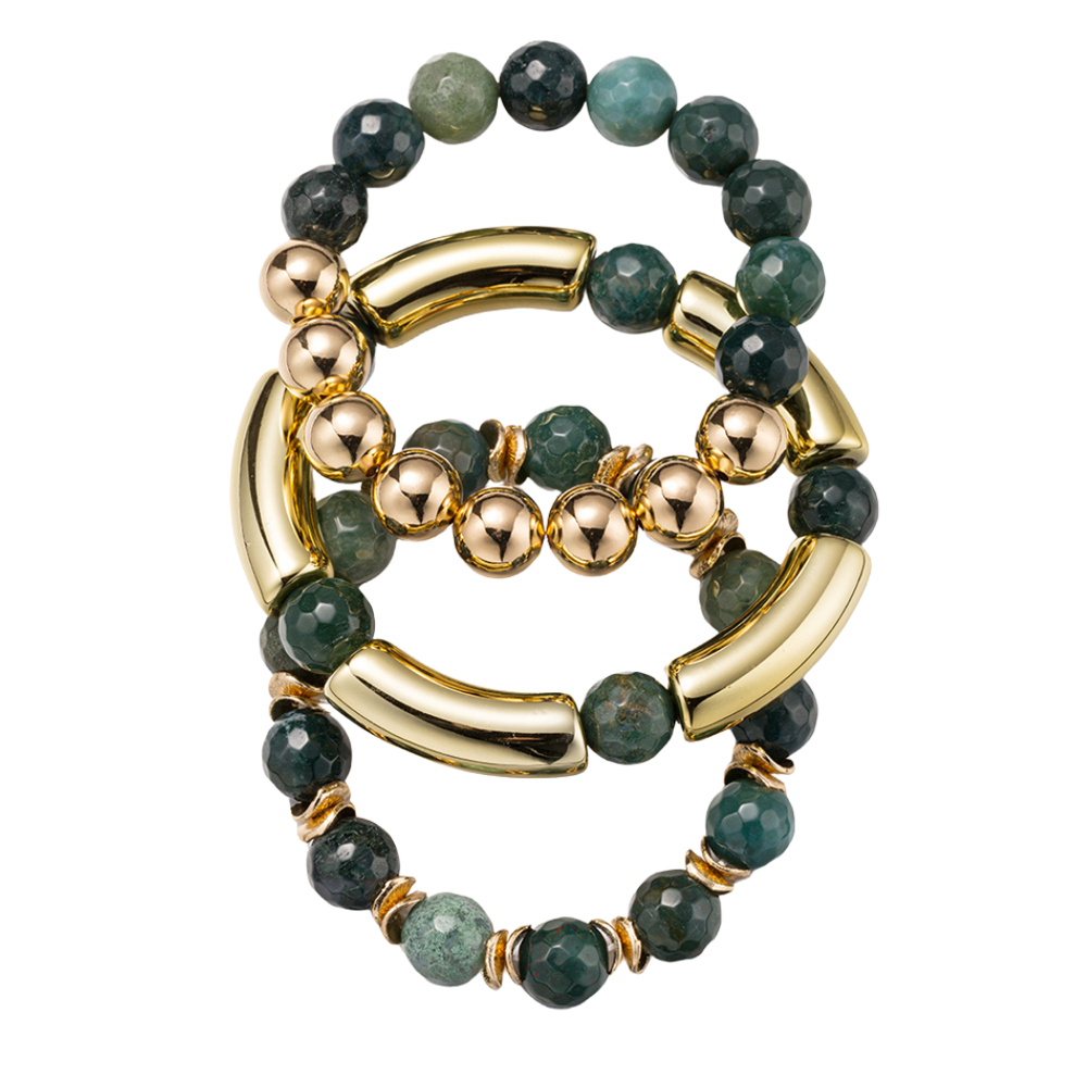 Set of 3 Agate Beaded Bracelet with Gold Accents