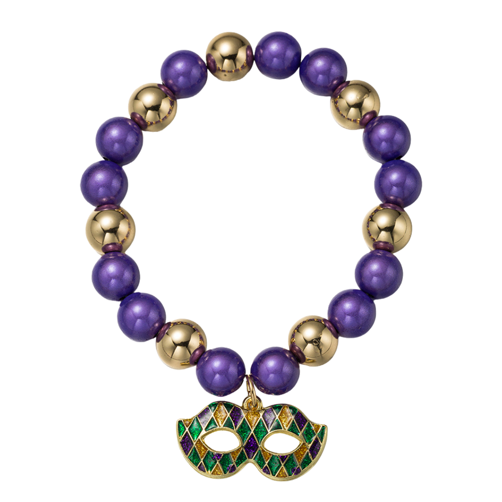 Purple, Gold Stretch Bracelet with Enamel Mask